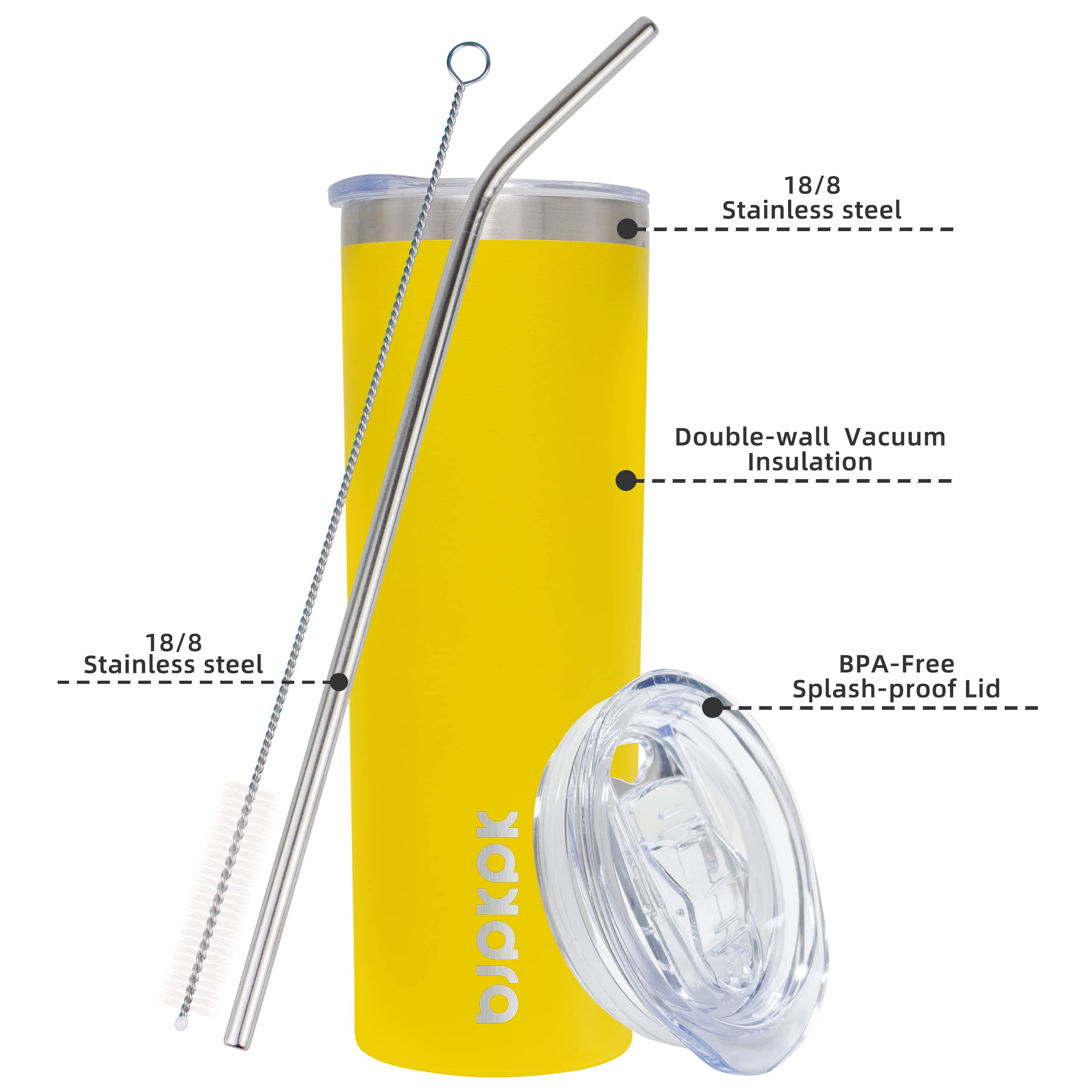 Bjpkpk Yellow Skinny Stainless Steel Tumblers 20 Oz Vacuum Insulated Reusable Tall Coffee Travel Tumbler Cup With Lid