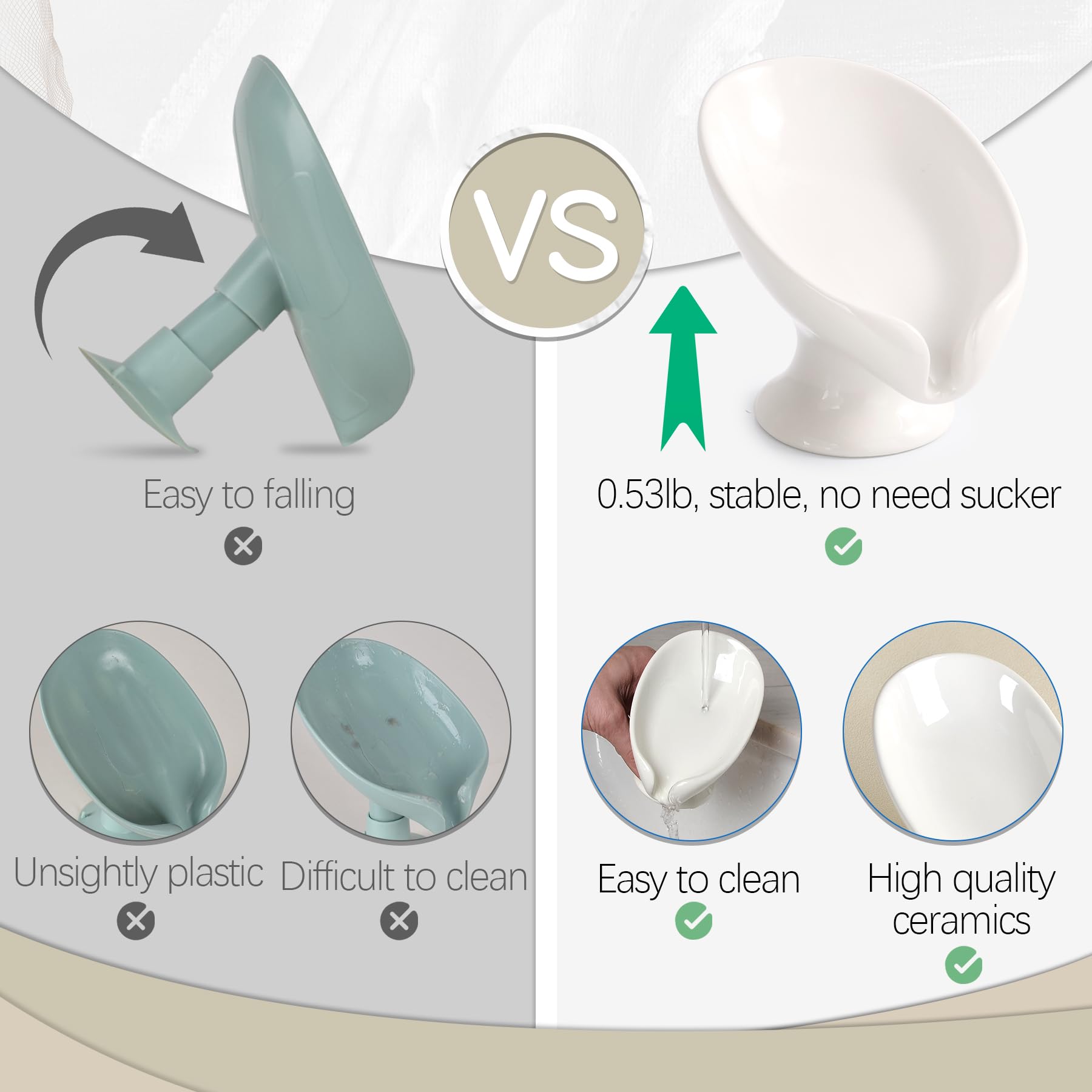 Soap Dish 2Pack, Ceramic Soap Holder Self Draining Cream White Leaf-Shape Soap Dishes For Bathroom Kitchen, Bar Soap Holder, Eas
