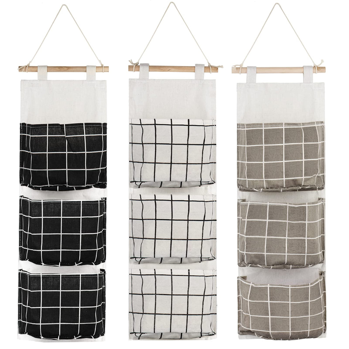 Auhoky 3Pcs Wall Closet Hanging Storage Bag, Premium Linen Fabric Over The Door Organizer, Hanging Storage Pouches With 3 Pocket