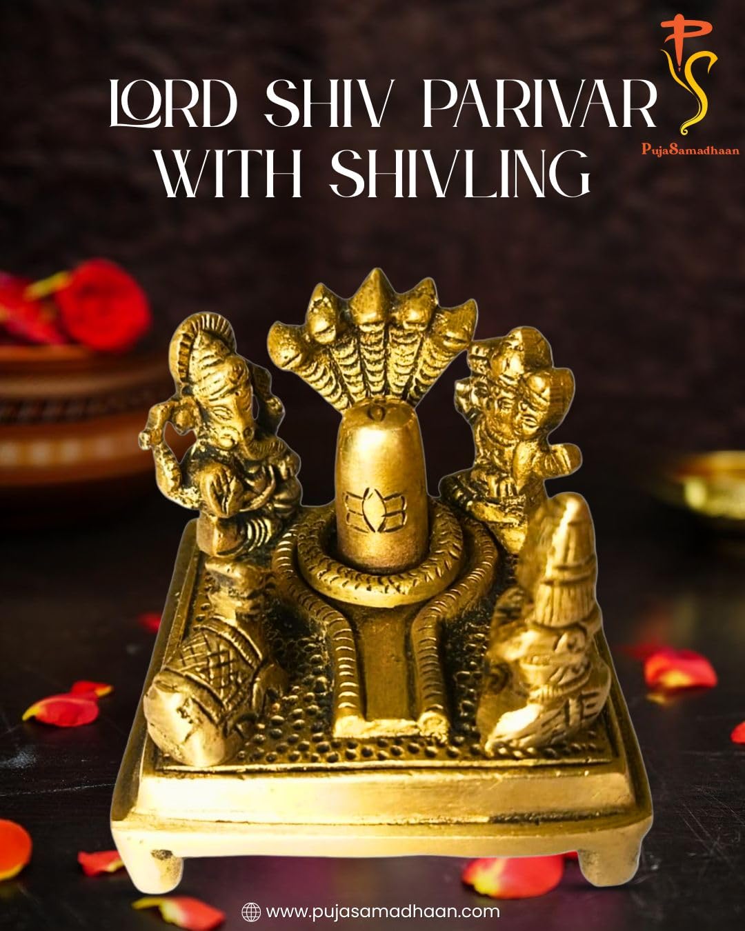Pujasamadhaan Brass Lord Shiv Parivar With Shivling Shri Kartik Ganesh Parvati And Nandi (Small Size, 200 Gm)