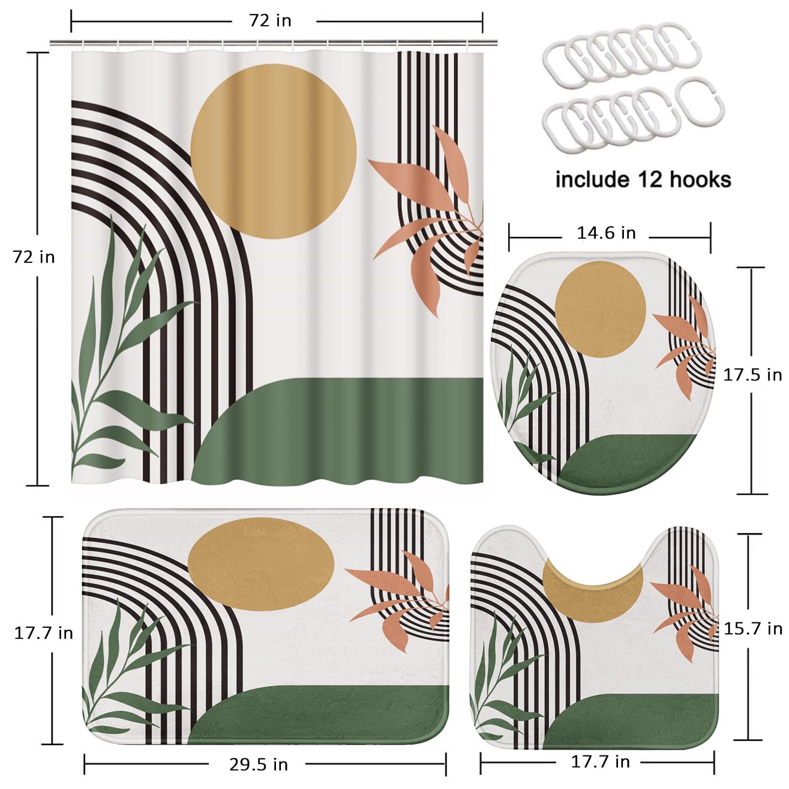 Tayney Boho Mid Century Shower Curtain Set With Toilet Lid Cover And Non-Slip Rugs, Abstract Green 4 Pcs Modern Minimalist Showe