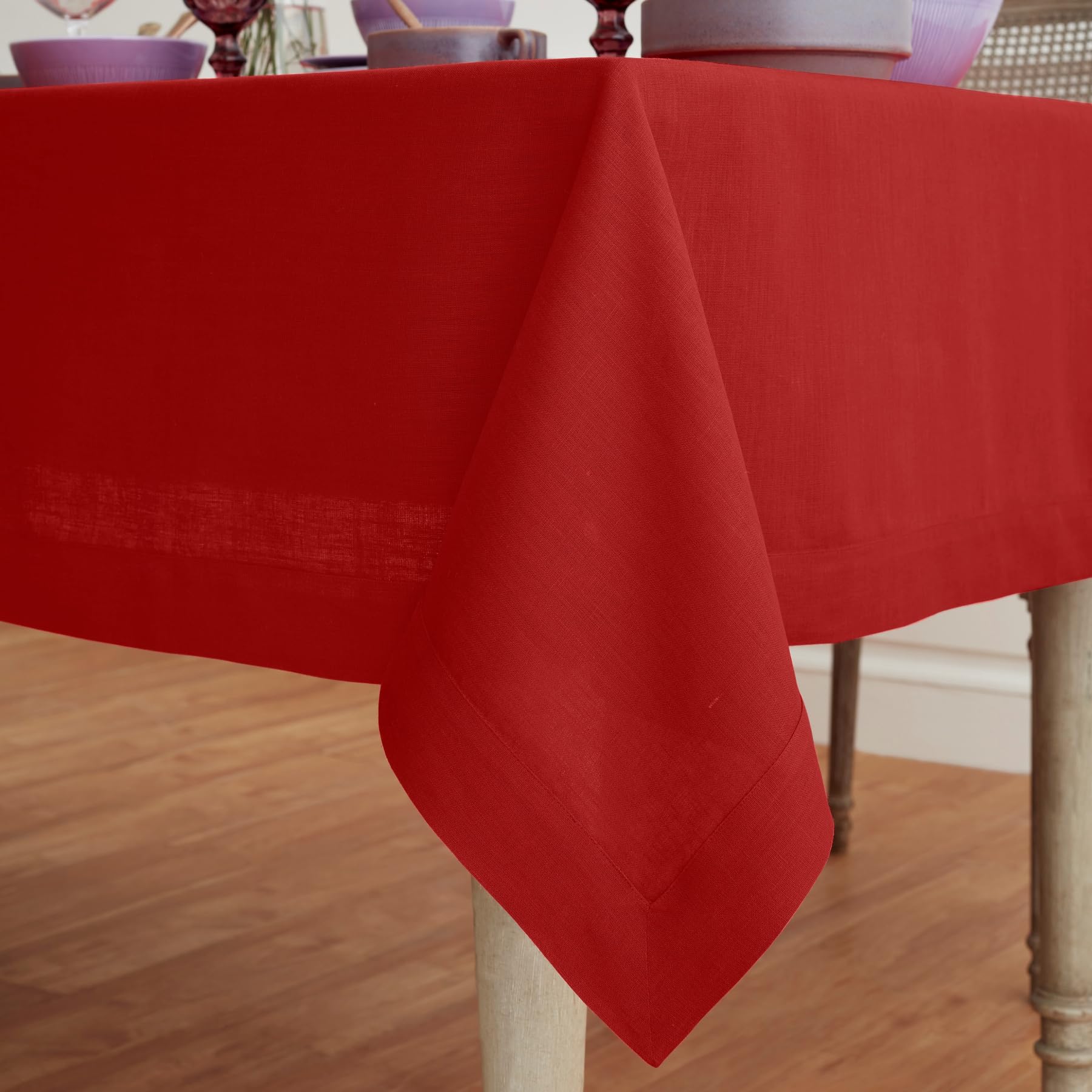 Solino Home Red Linen Tablecloth 90'' L X 60'' W Inch - Fete, 100% Pure Linen Table Cloth For Rectangle Tables - Machine Washabl