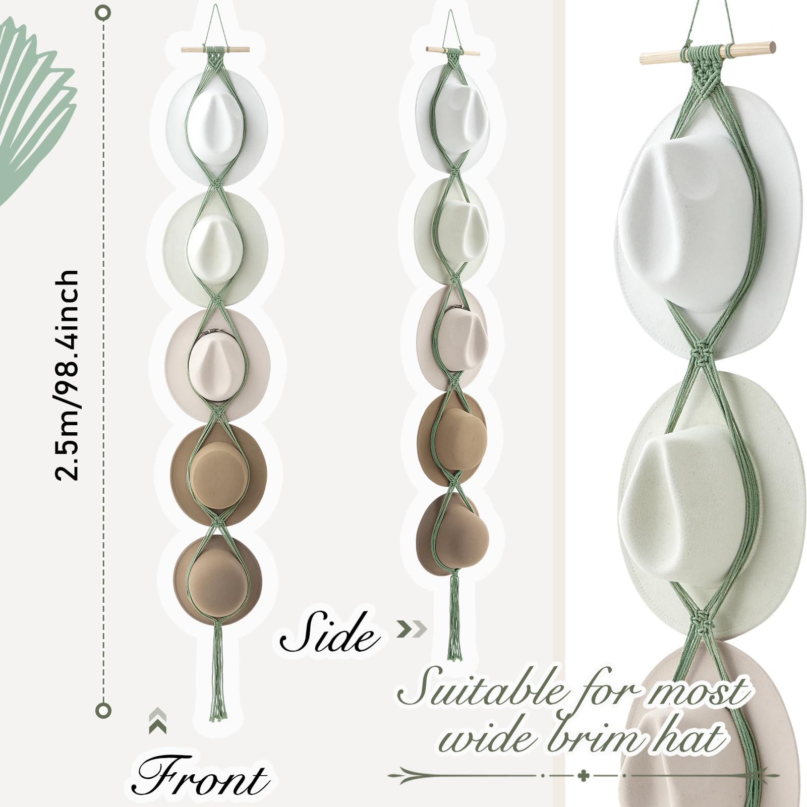 Yulejo Macrame Hat Hangers Boho Hat Rack Cowboy Hat Hanger Back Of Door Hat Organizer (Sage Green,Five Hats Style)