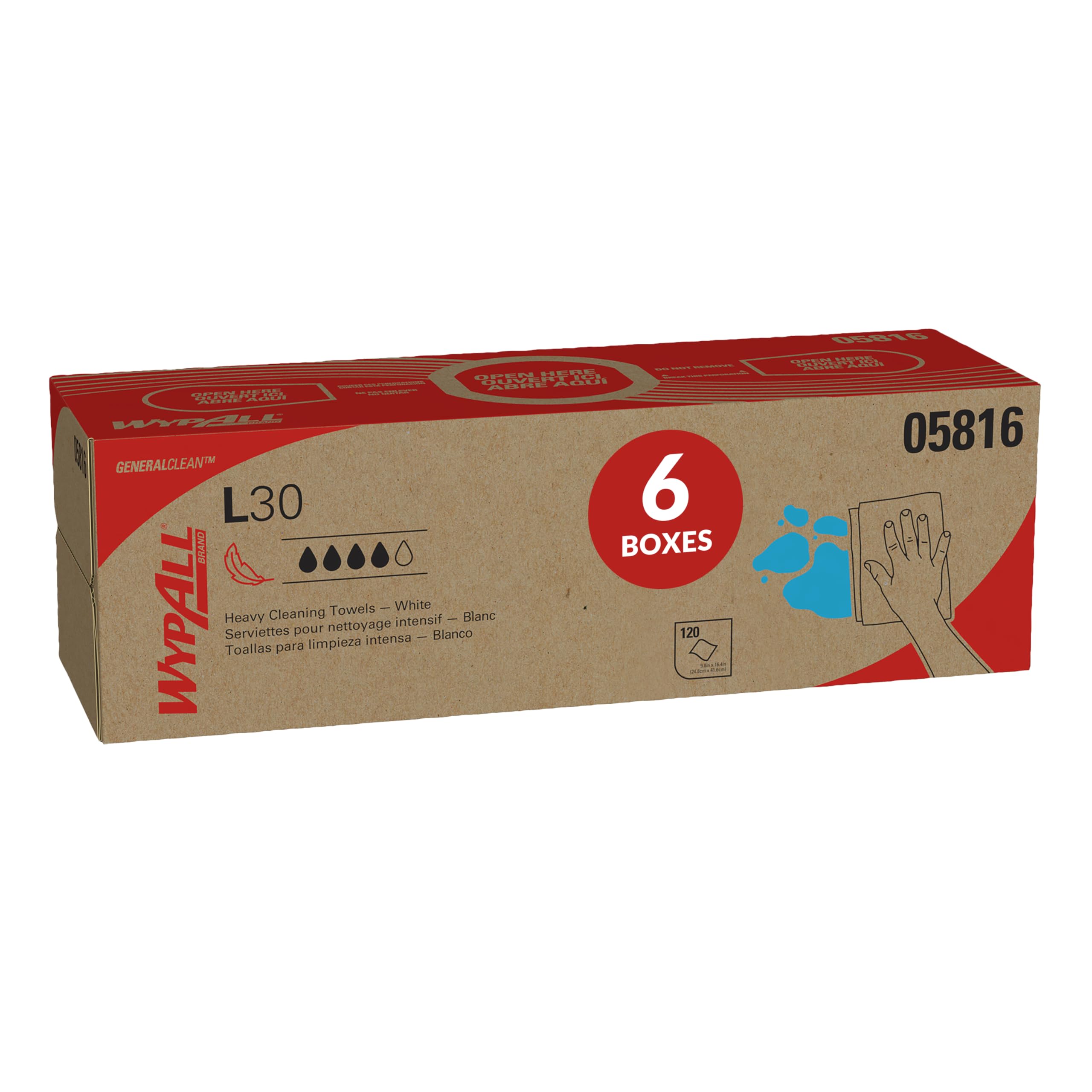 WypAll GeneralClean L30 Cloths Heavy Duty Cleaning Wipes (05816), Pop-Up Box, Strong and Soft Bulk Paper Wipers, White (6 Packs 