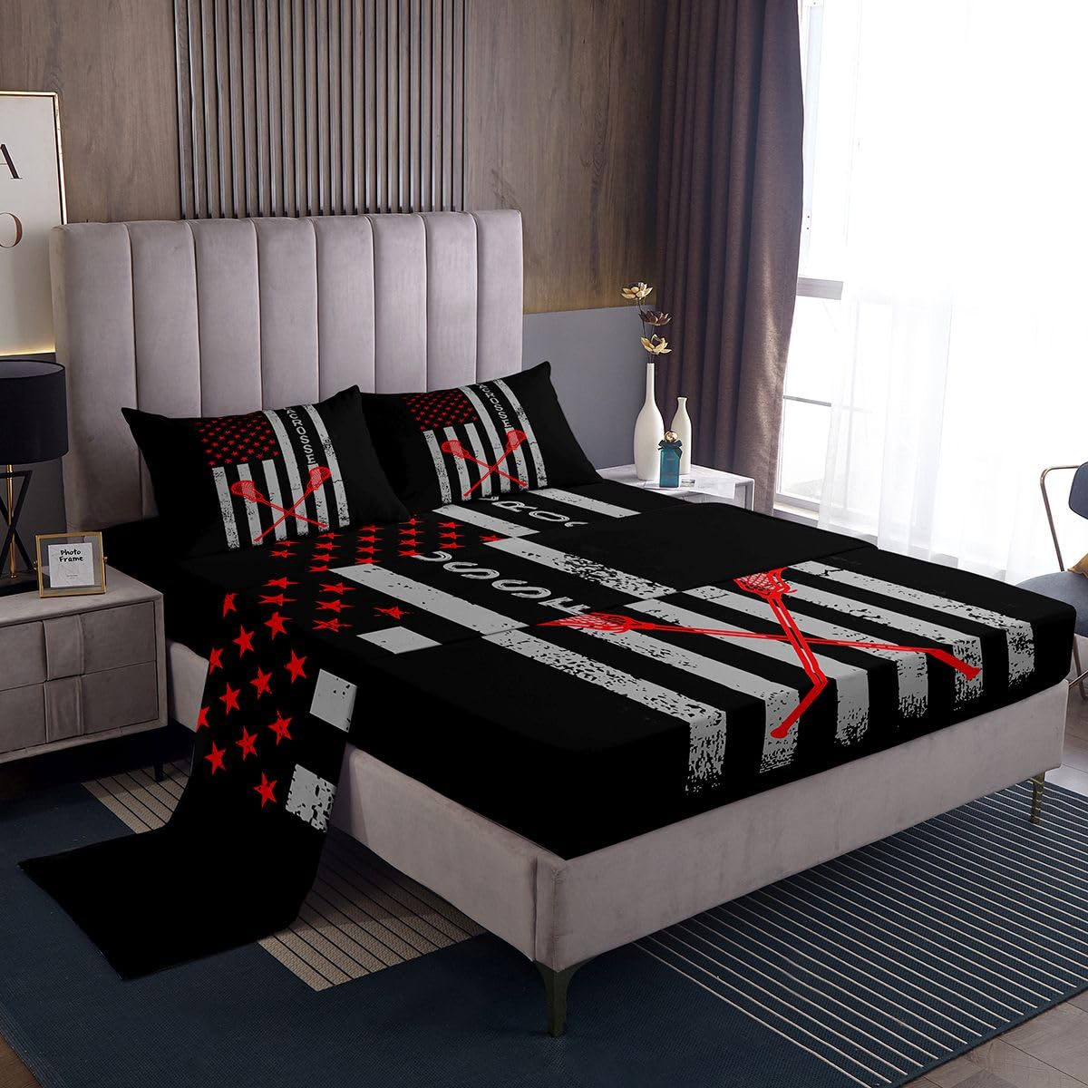 Erosebridal Lacrosse Sheet Set For Kids Boys Girls,Black Grey Red American Flag Bed Sheets,Lacrosse Balls Sticks Beding Set Full