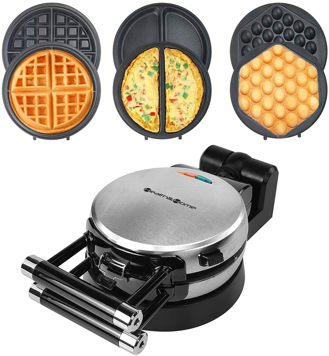 Health And Home 3-In-1 Waffle, Omelet, Egg Waffle Maker, 3 Removable Nonstick Baking Plates, Upgraded 360 Rotating Belgian Maker