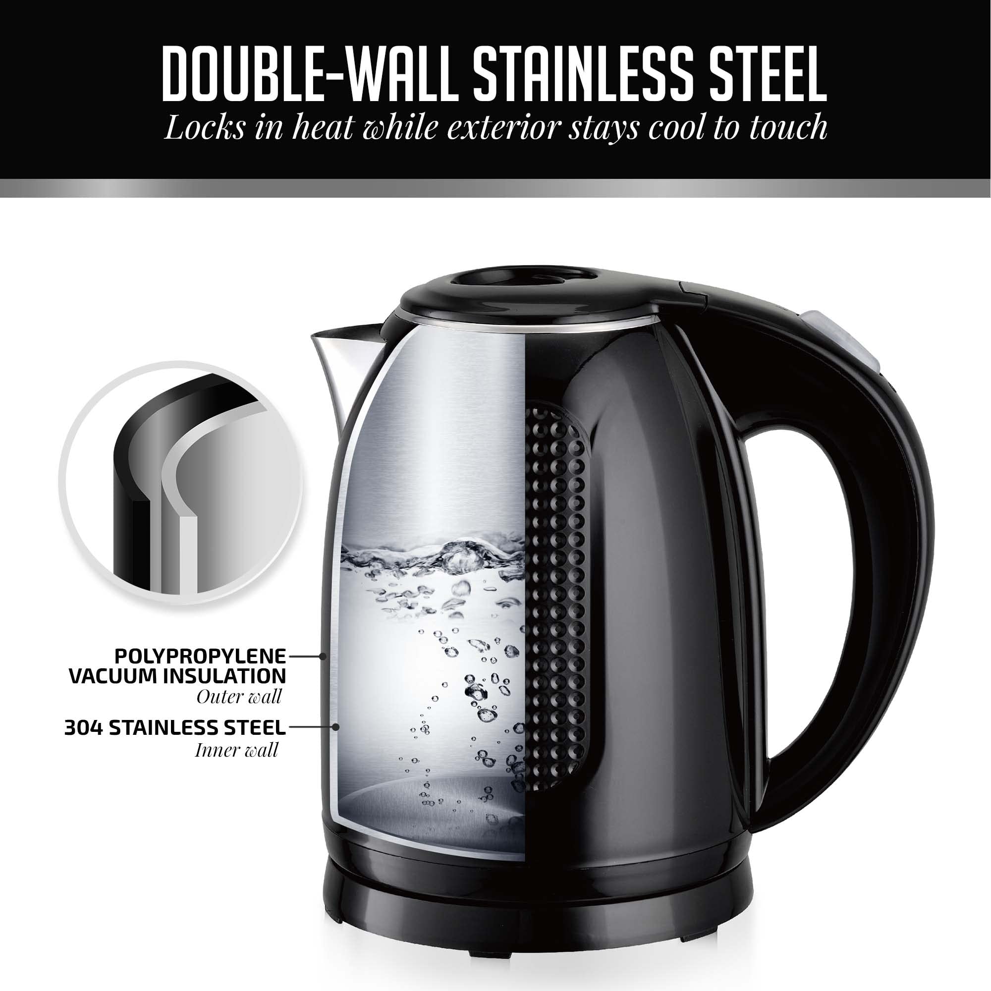 Ovente Portable Electric Kettle Stainless Steel Instant Hot Water Boiler Heater 1.7 Liter 1100W Double Wall Insulated Fast Boili