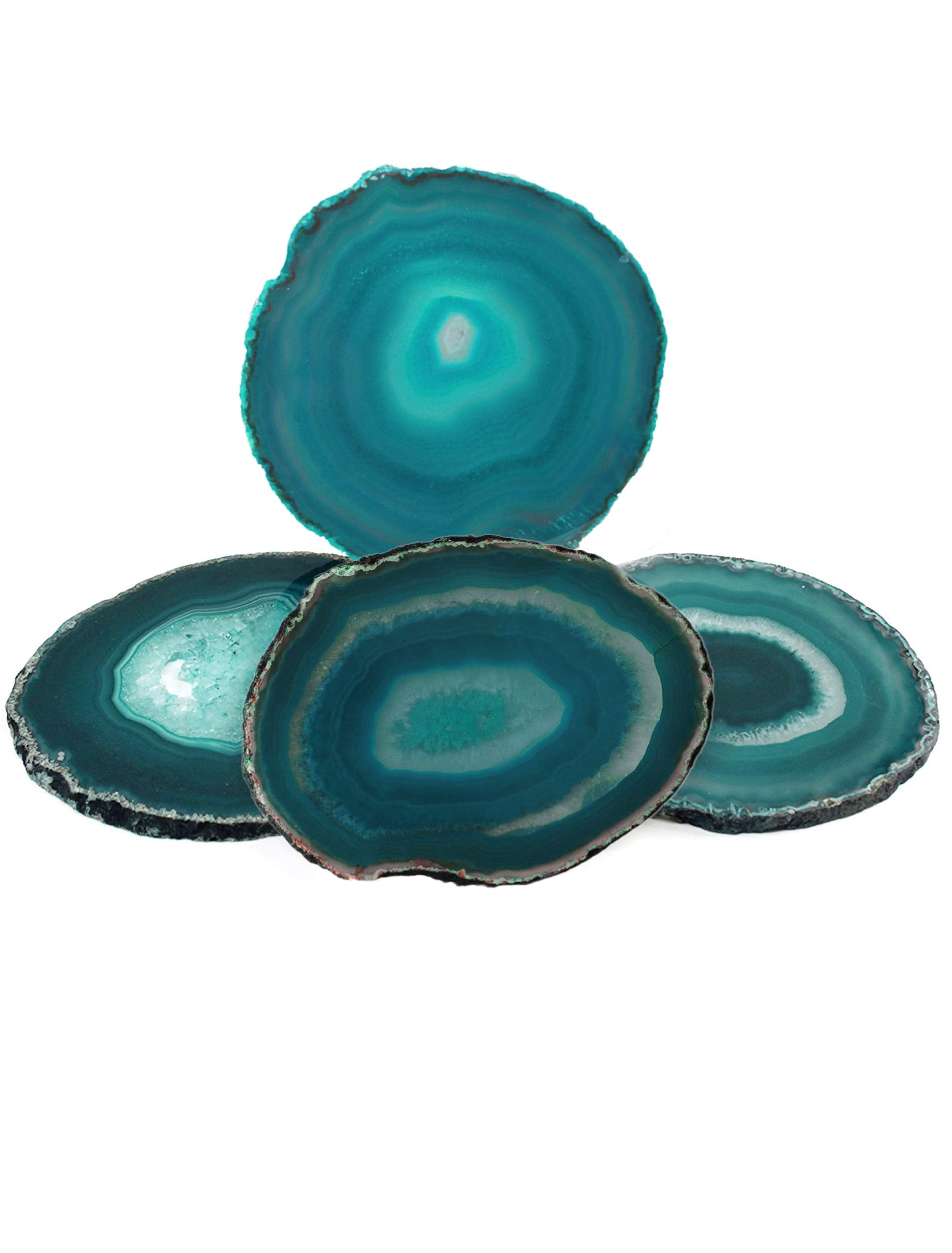 Amoystone Teal Agate Coasters Set Of 4 For Drink, Agate Slice Coaster Large 3.5-4'' Gem Stone Cup Mat For Home And Coffee Table
