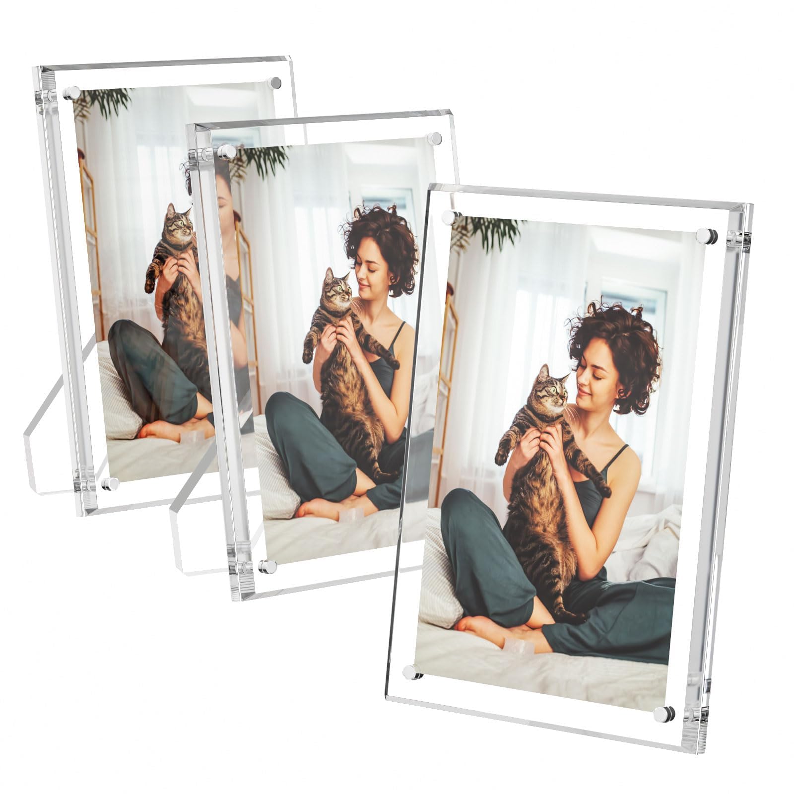 AITEE 4x6 Acrylic Picture Frames 3 Pack, Clear Picture Frames with Stand, Magnetic Frame Acrylic Lucite Frameless Transparent Cu