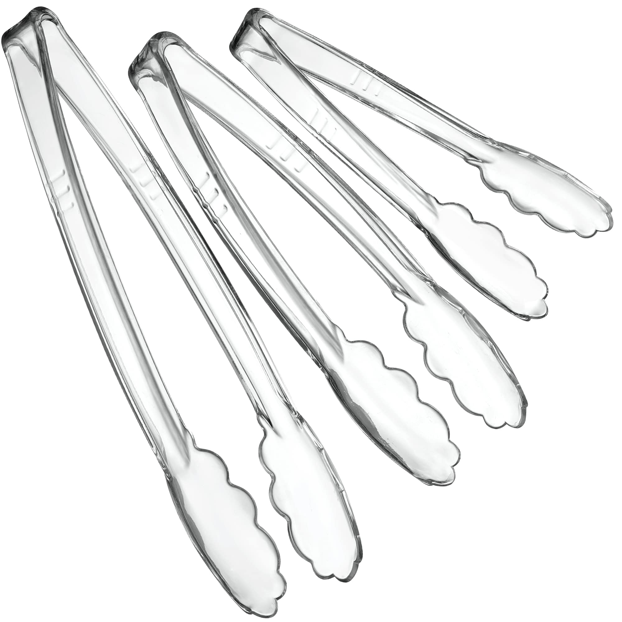 PlasticPro Clear Serving Tongs Combo Set - 4 Each of 7.5, 9, 12 Heavy Duty Reusable Kitchen and BBQ Tongs for Parties, Cat