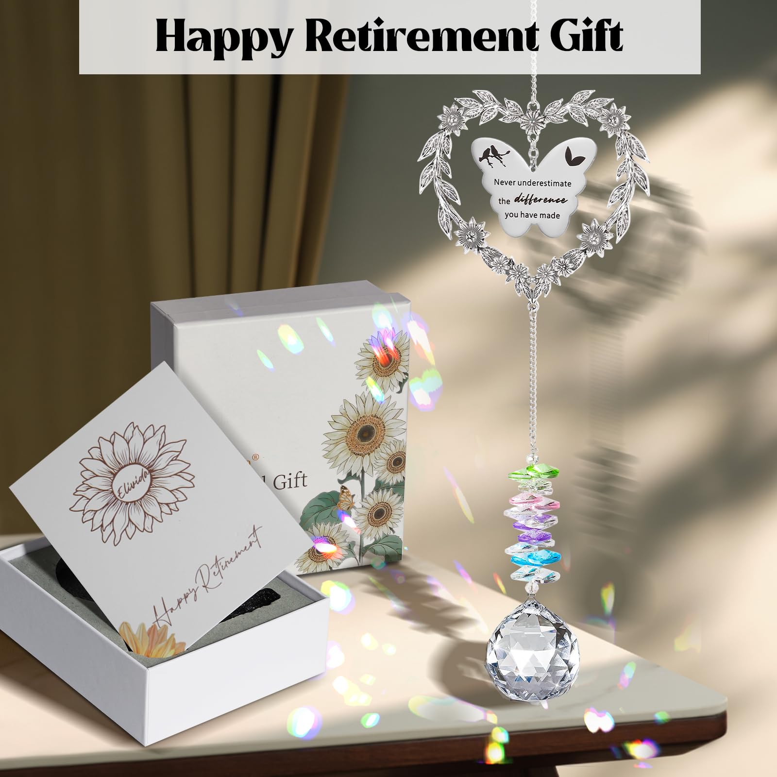 Elivida Retirement Gift Sun Catcher, Happy Retirement Gift for Women Men, Retired 2025 Rainbow Maker for Coworker, Heart-Shaped