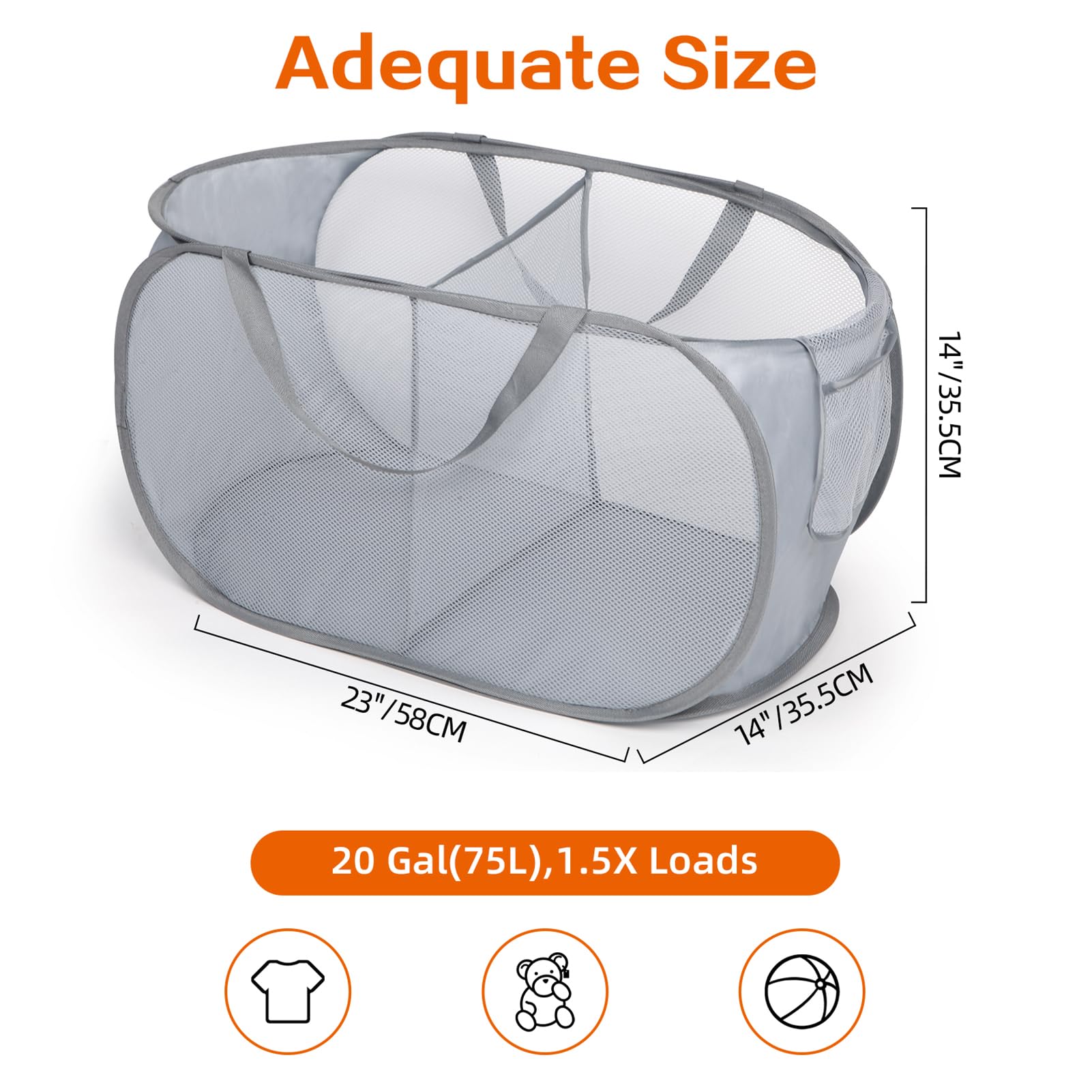 Bemkoo Sturdy Collapsible Laundry Basket, 2 Compartments, Durable Polyester, Gray, Foldable Pop Up Hamper for Home, Dorm, Travel