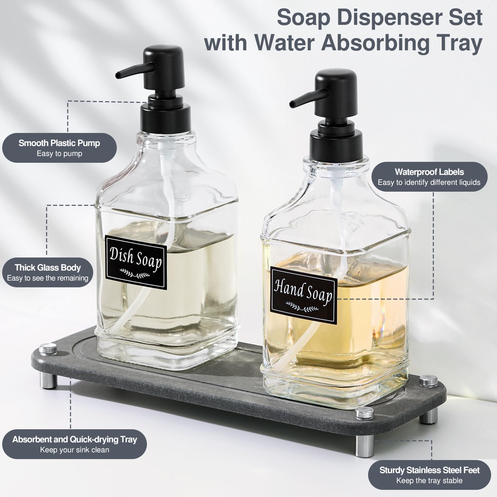 Shinowa Dish Soap Dispenser, Hand And Dish Soap Dispenser Set With Quick Dry Tray, Glass Kitchen Soap Dispenser Set With Pump&La