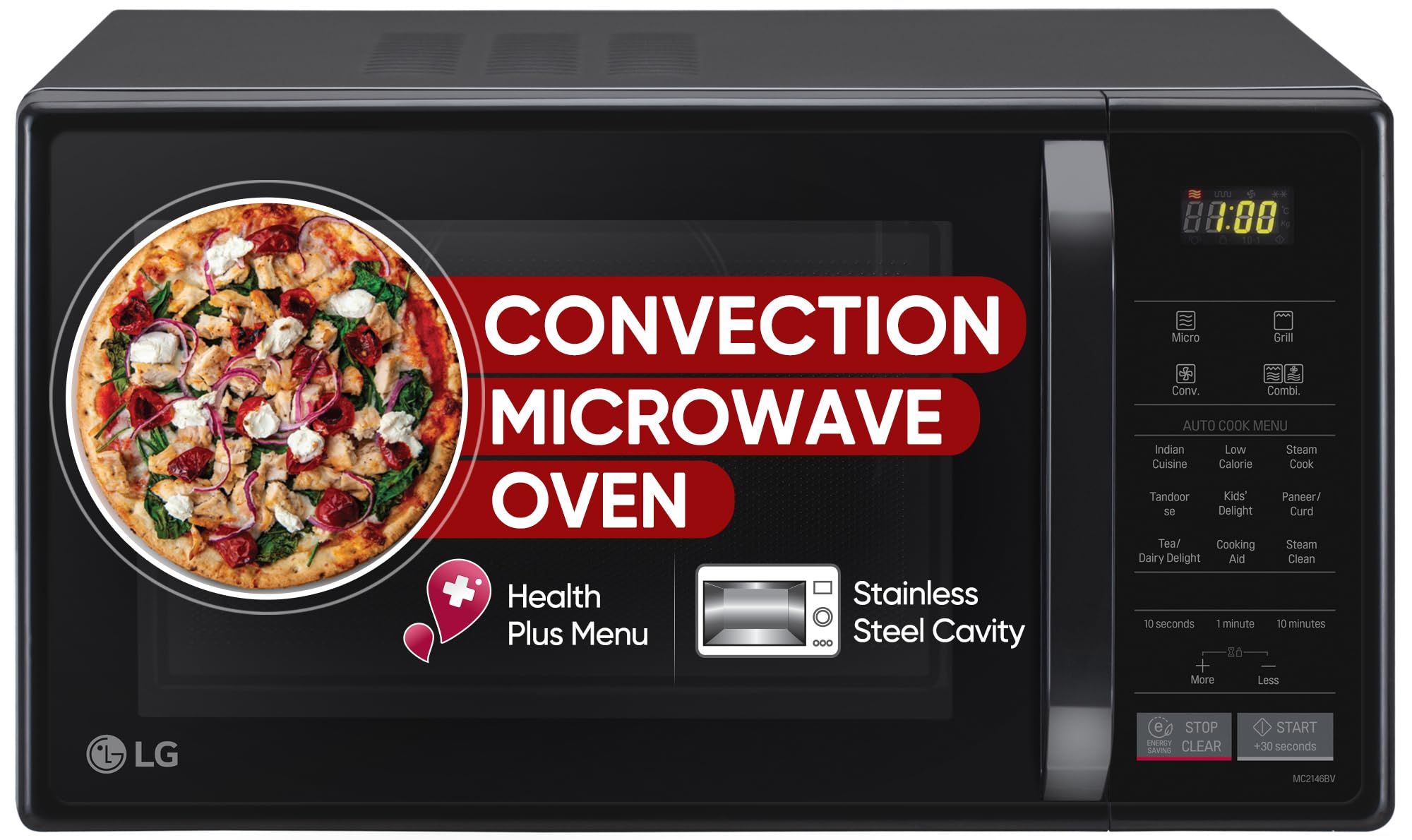 Lg 21 L Convection Microwave Oven (Mc2146Bv, Black, Auto Cook Menu, Defrost, Stainless Steel Cavity, Heathplus Menu, Indian Cuis