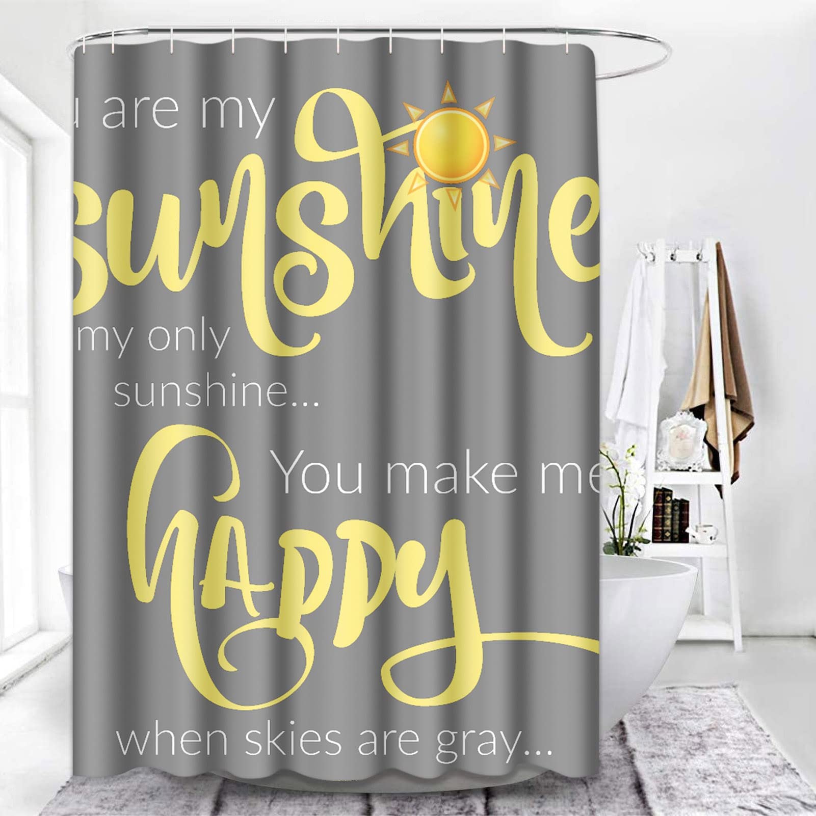 Semtomn Shower Curtain You Are My Sunshine Yellow Gray 66''X72'' Home Decor Waterproof Bath Bathroom Curtain Set With Hooks
