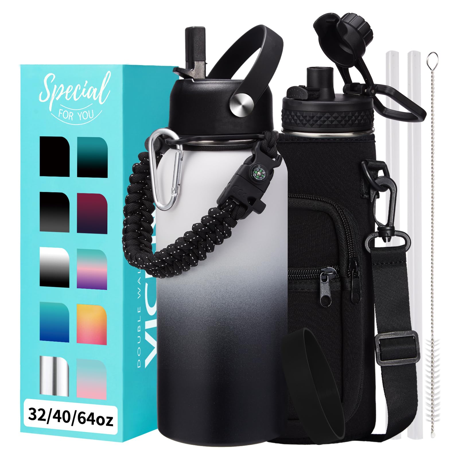 1 Gallon Water Bottle Insulated - 128 oz Water Jug with Straw Spout Lid, Paracord Handle, Carrying Bag, Protective Cup Mat, Big 