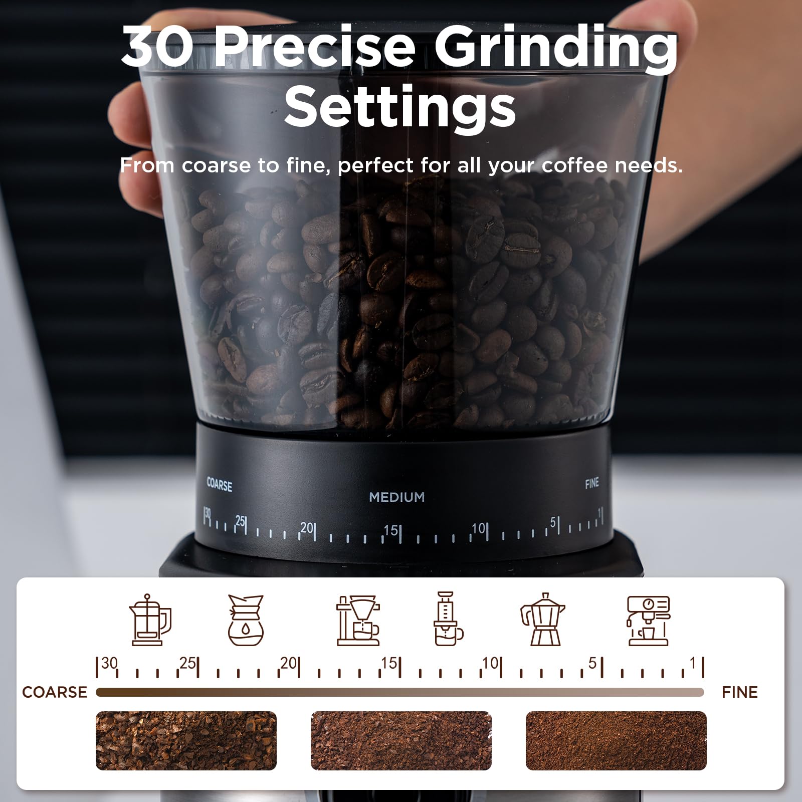 Ollygrin Electric Conical Coffee Grinder, 30 Grind Settings, 5.4x7x12.9 inch, Stainless Steel, Black & Silver, Model BG702S-PG