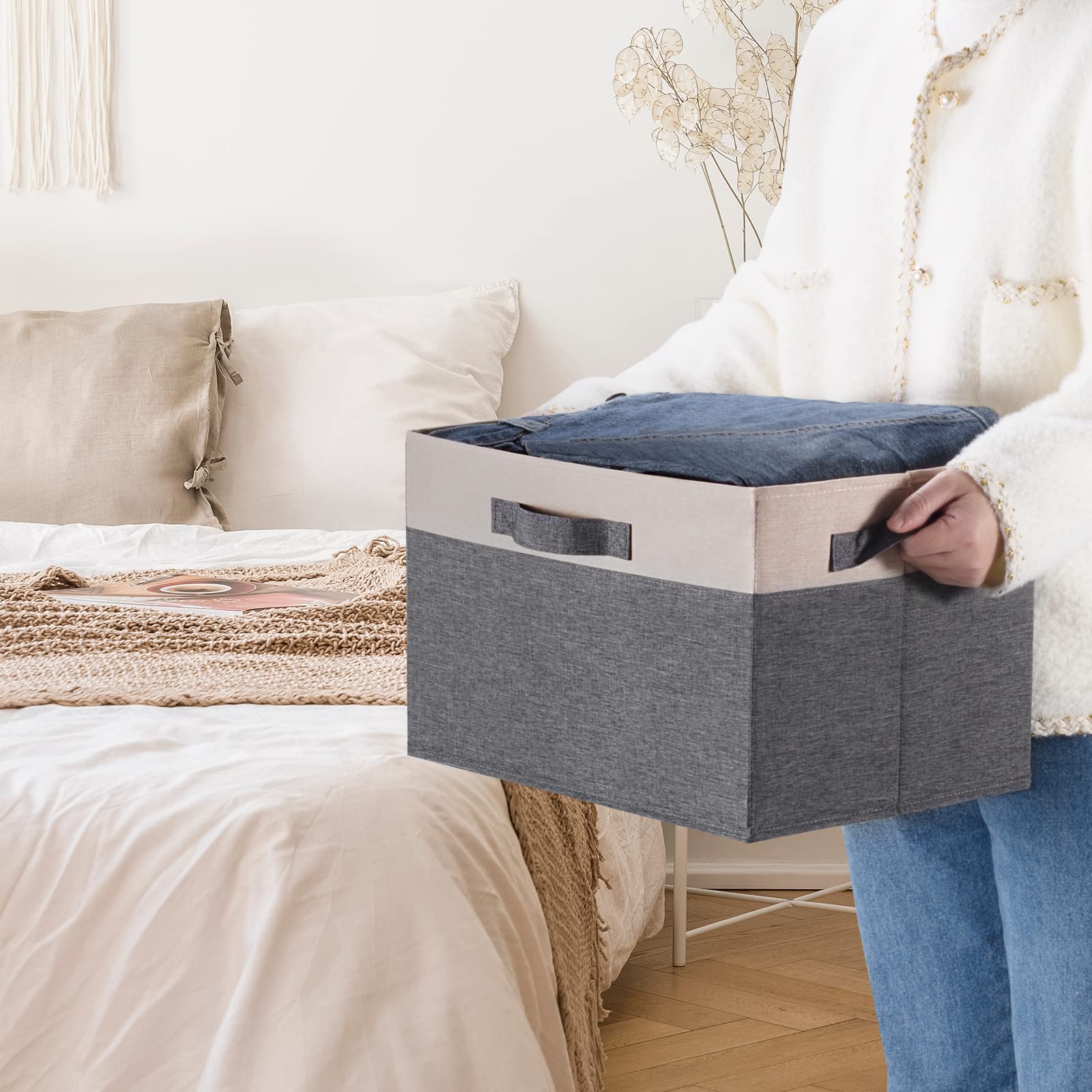 Ghvyennttes Large Fabric Storage Bins For Shelves With 3 Handles, 15X11X9.6 Inch Closet Storage Bins, Sturdy Foldable Storage Ba