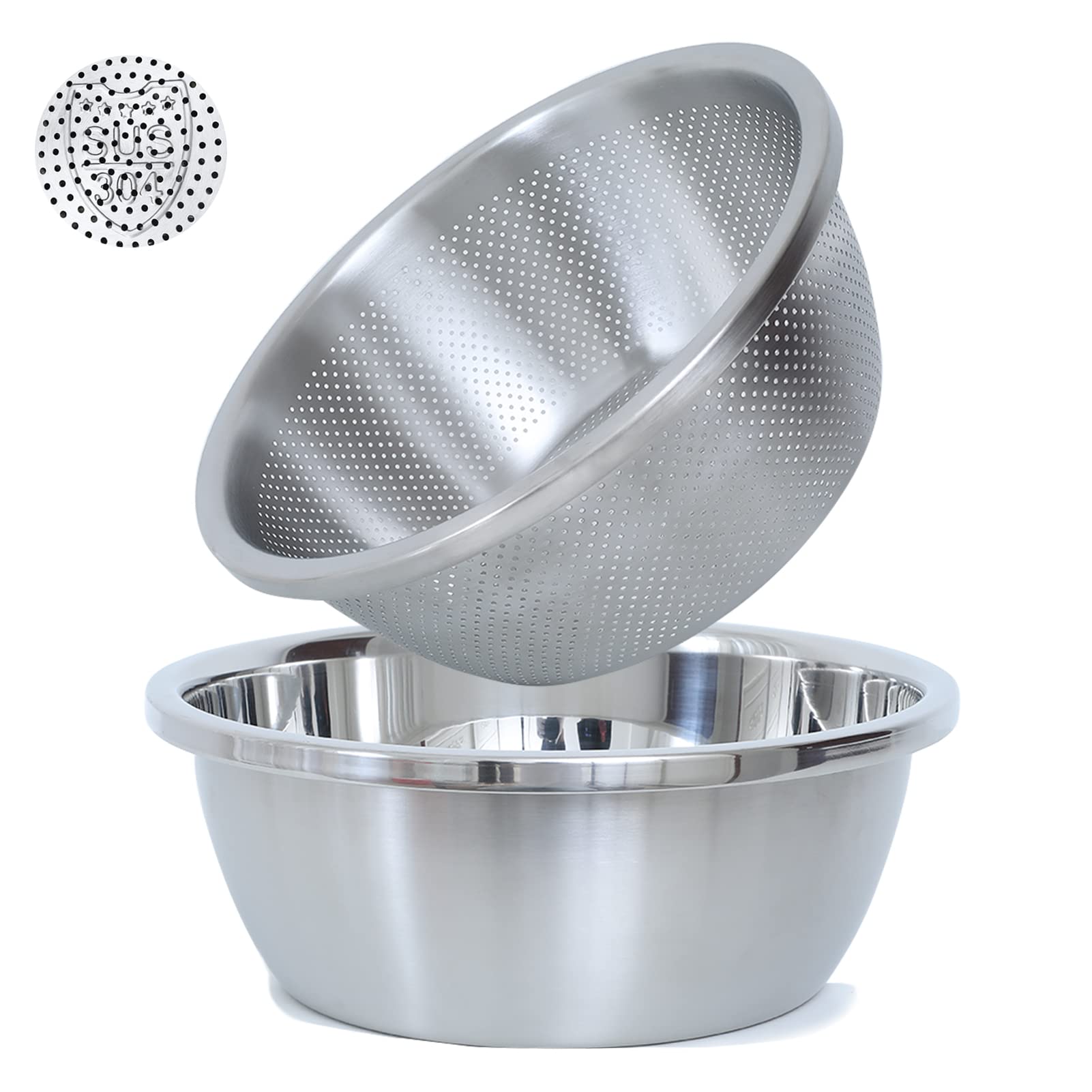 304 Stainless Steel Microporous Colander, 5Qt Large Capacity With Mixing Bowl For Washing Vegetables, Fruit And Rice And For Dra