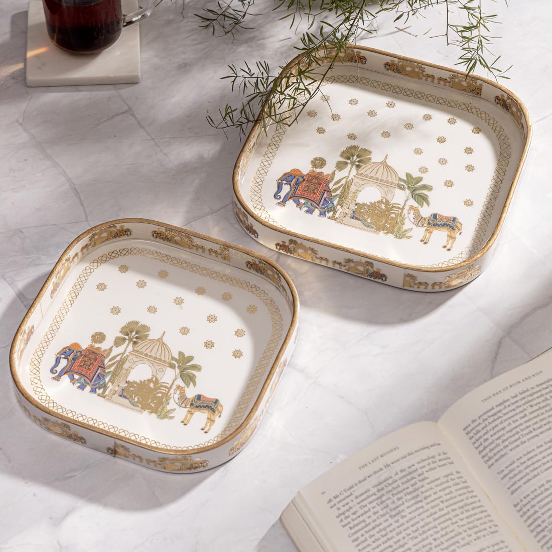 Duli Set Of 2 Mdf Wooden Trays With Enamel Coated Digital Print | Multipurpose Decorative Trays | 9X9 & 8X8 Inch | Wipe & Use | 