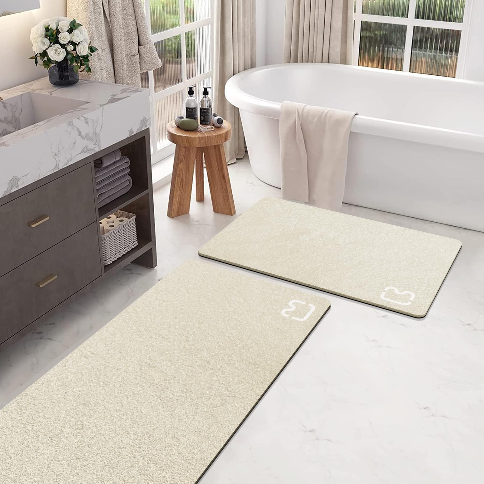 2 Piece Bathroom Mat Rugs Set - Quick Dry Absorbent Diatomaceous Earth Bath Mat Non-Slip Bathroom Floor Mat With Rubber Backing,