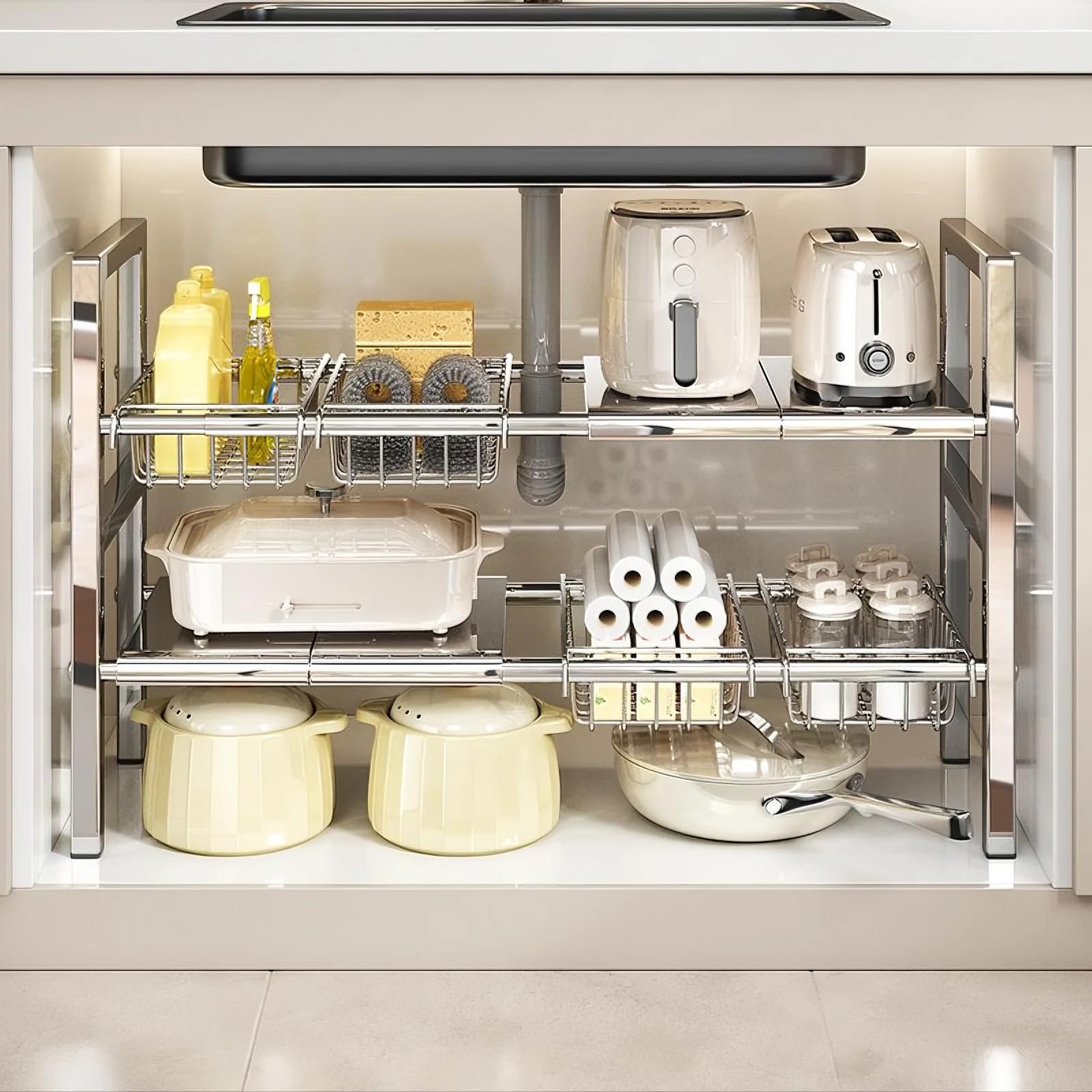 ADVEZO Large Under Sink Organizer 2 Tier Expandable Heavy Stainless Steel Shelf Adjustable Height for Under Kitchen Bathroom Sin