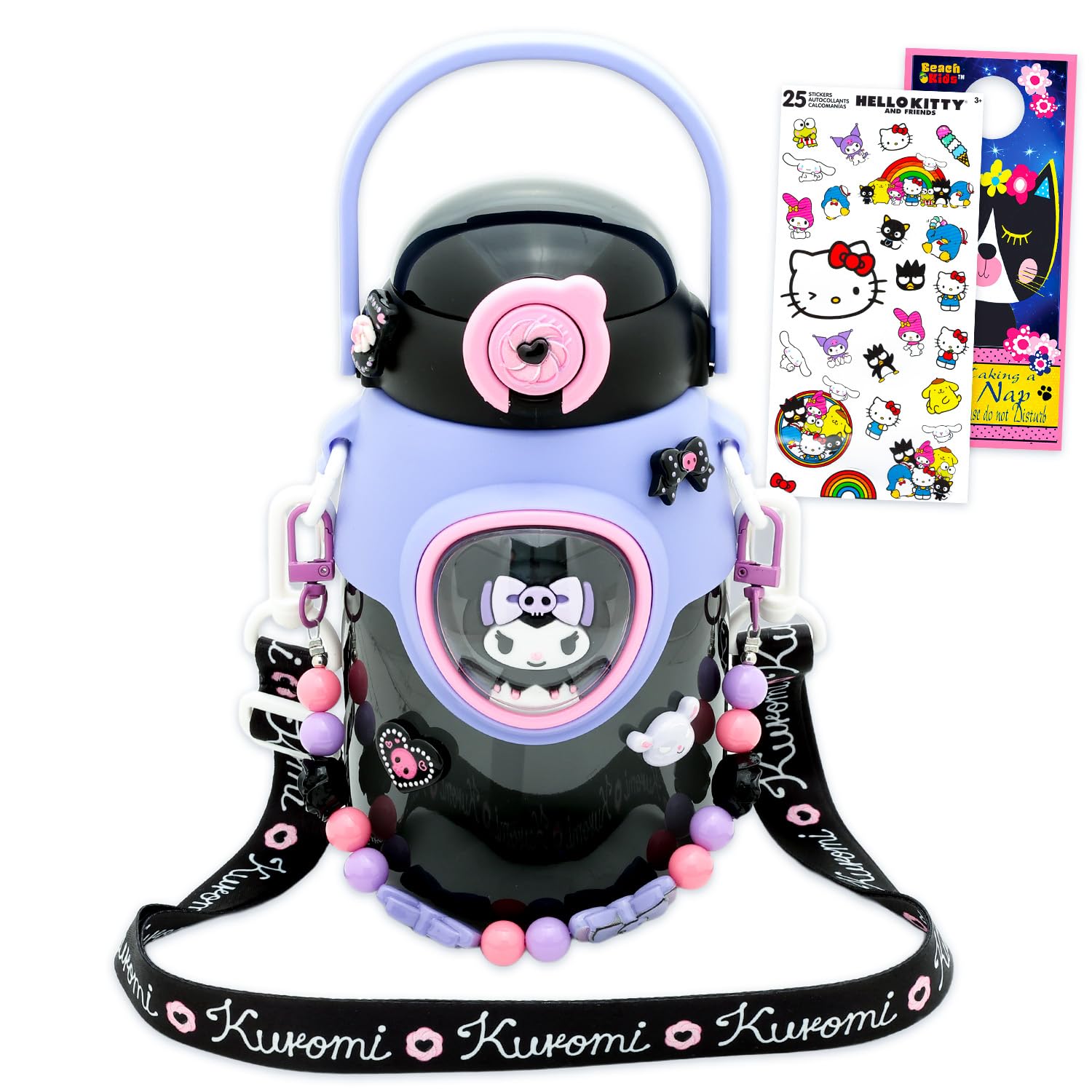 SANRIO Kuromi Water Bottle for Girls  Bundle with 16 Oz Kuromi Drinking Cup with Straw and Carrying Strap for Home, School, Spo