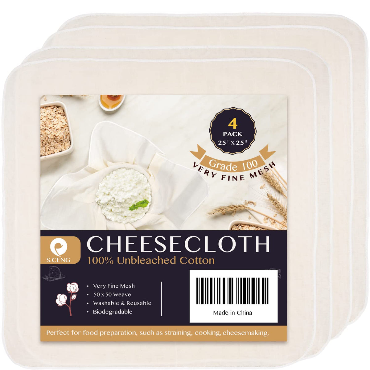Precut Cheesecloth, 25 X 25'' 4 Pack, Grade 100, Ultra Fine Muslin Cloth For Straining & Cooking, 100% Unbleached Cotton Cloths