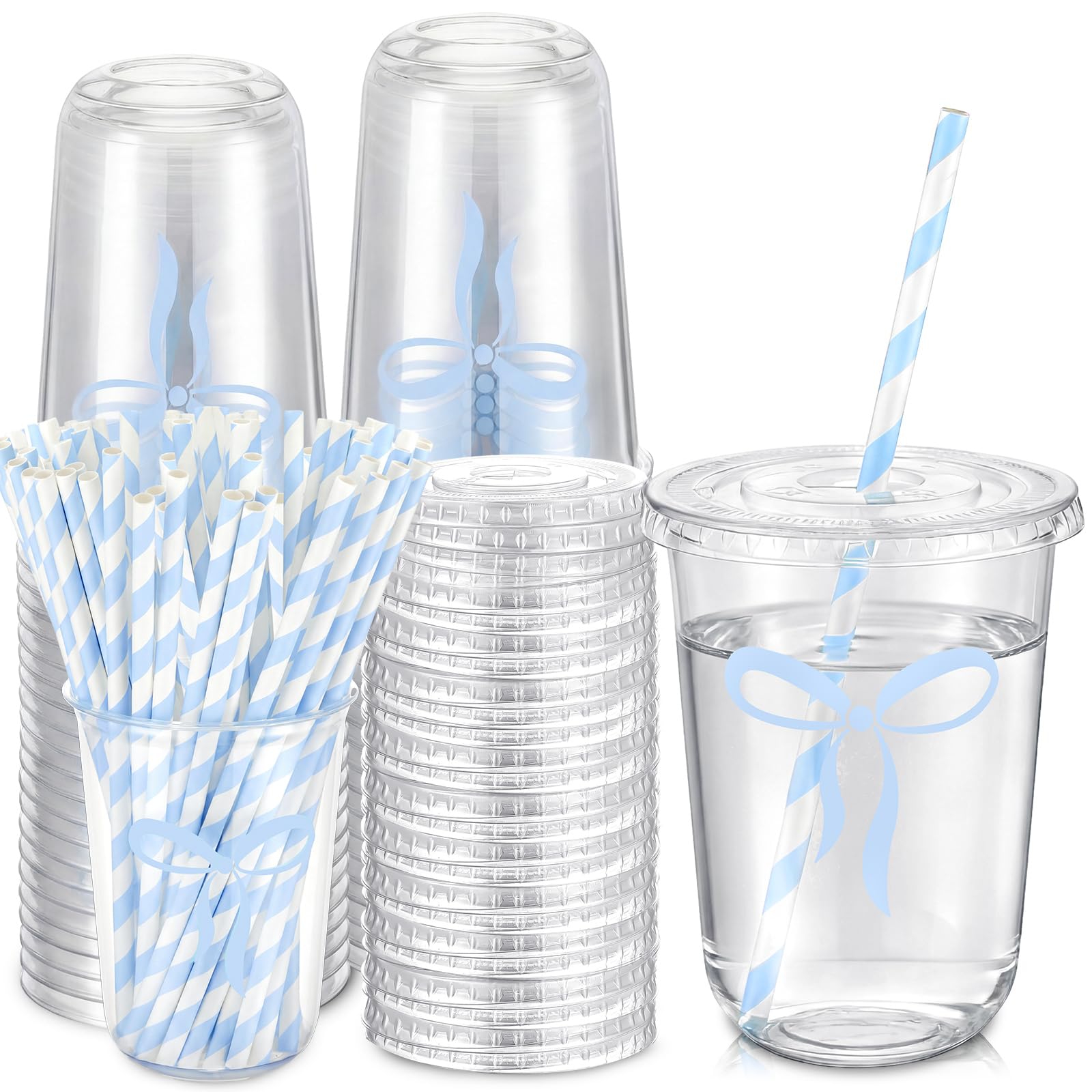 LemonRoad 50sets 16oz Blue Bow Cups Blue Birthday Party Decorations Supplies Cute Plastic Cups Disposable with Lids and Straws, 