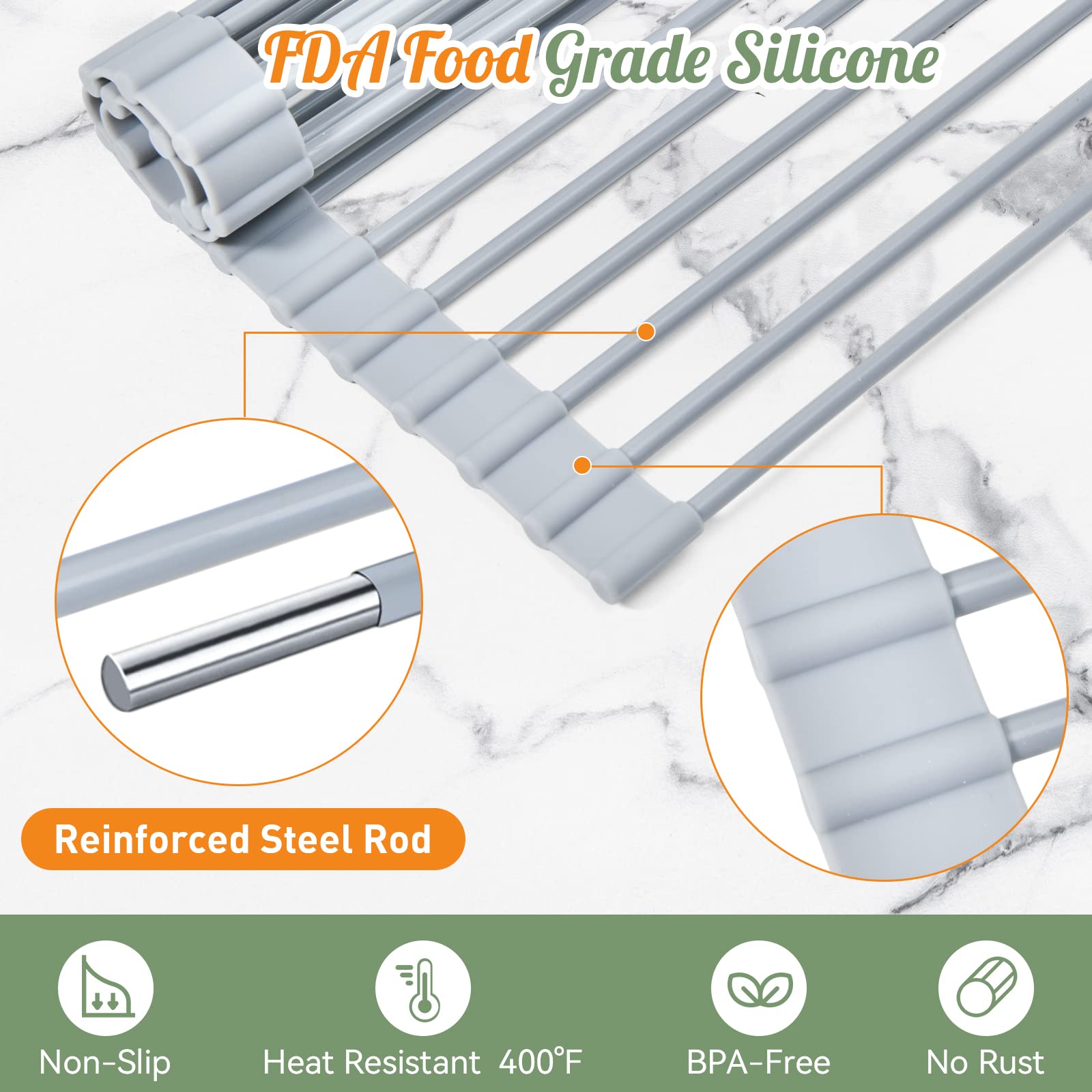 Merrybox Roll Up Dish Drying Rack, Over The Sink Dish Rack Foldable, Heat-Resistant, Anti-Slip Silicone Coated Dish Drainer For