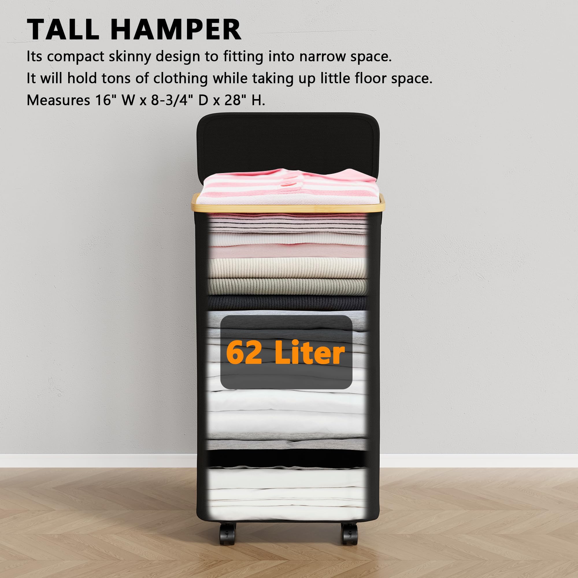 Spaceaid Slim Laundry Hamper With Lid And Wheels, 62L Narrow Clothes Basket Bin With Bamboo Handles, Skinny Tall Collapsible Ham