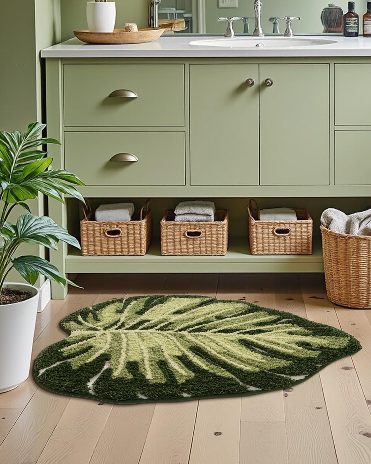 Lumi Cute Bathroom Rugs With Green Leaf Plant, Soft, Fluffy, Plush, Absorbent, Quick Dry, Non Slip, Machine Washable For Shower