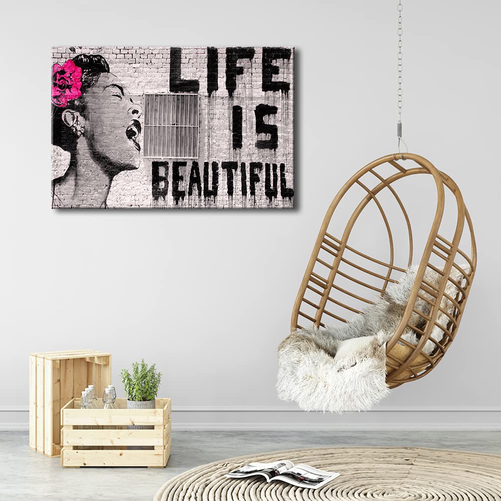 Pyradecor Large Banksy Life Is Beautiful Artwork Modern Grey Love Pictures Paintings Canvas Wall Art For Bedroom Living Room Hom