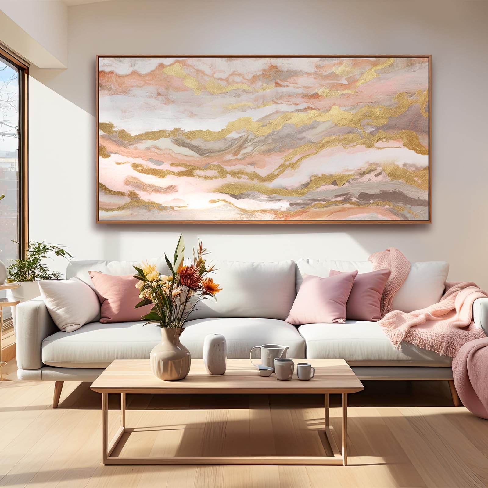 Abstract Pink Canvas Wall Art Framed Gold Abstract Line Artwork For Living Room Decor Canvas Art Bedroom Pictures Office Decorat