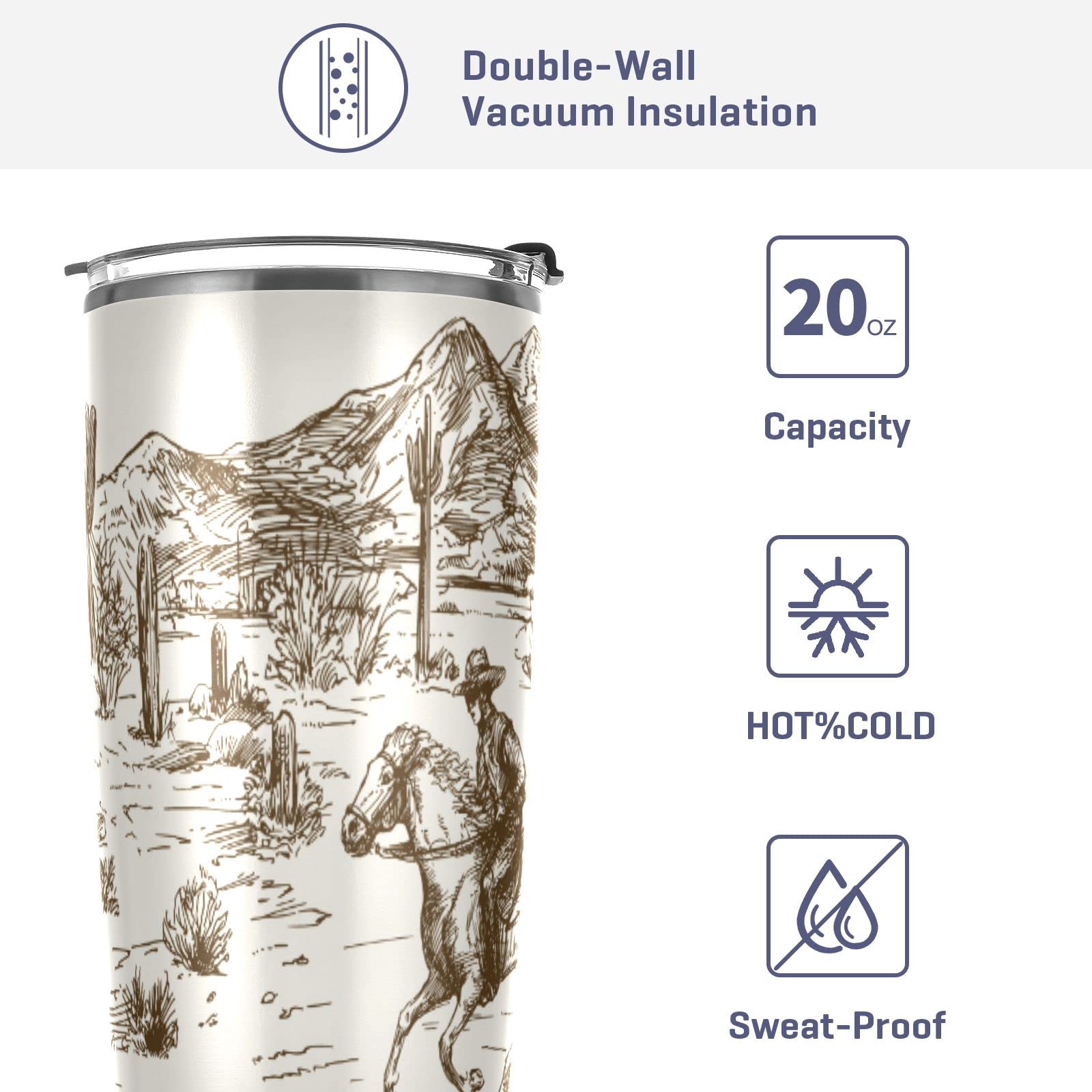 Xigua 20Oz Western Desert Cowboy Tumbler With Lid,Stainless Steel Vacuum Insulated Coffee Ice Cup Double Wall Travel Flask
