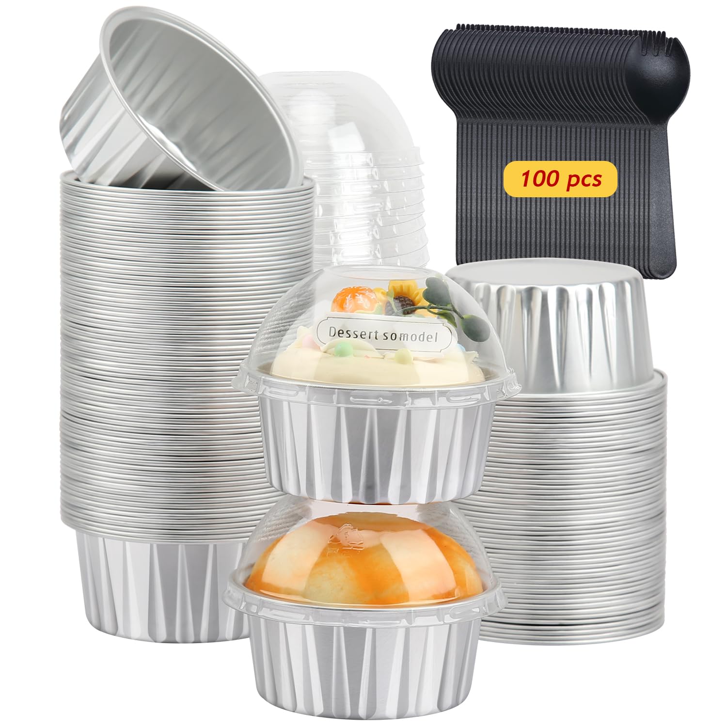 5oz Cupcake Pans Muffin Tins with Lids 100 Pack,LNYZQUS Aluminum Foil Mini Cake Baking Pans,Small Baking Cups Containers,Disposa