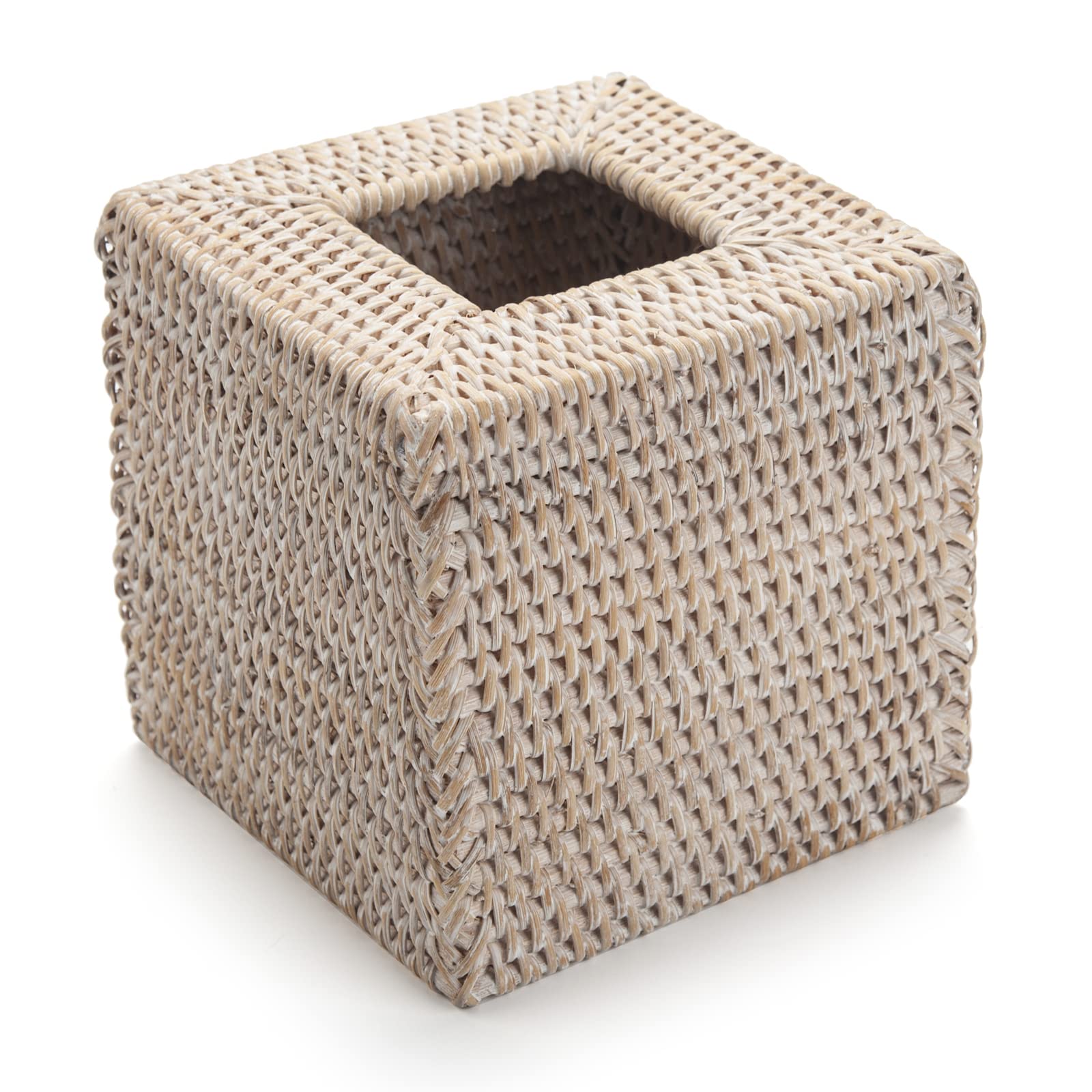 Rattan Tissue Box Cover Natural Woven Facial Napkin Holder Square (White, 5.5X5.5X5.9 Inch)