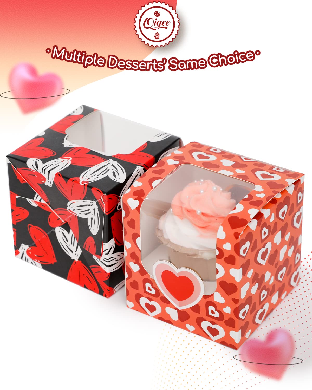 Qiqee Valentine Cupcake Boxes Individual 60Pcs Auto-Popup 3.5'' X 3.5'' X 3.5'' Single Cupcake Carrier Container For Vanlentine