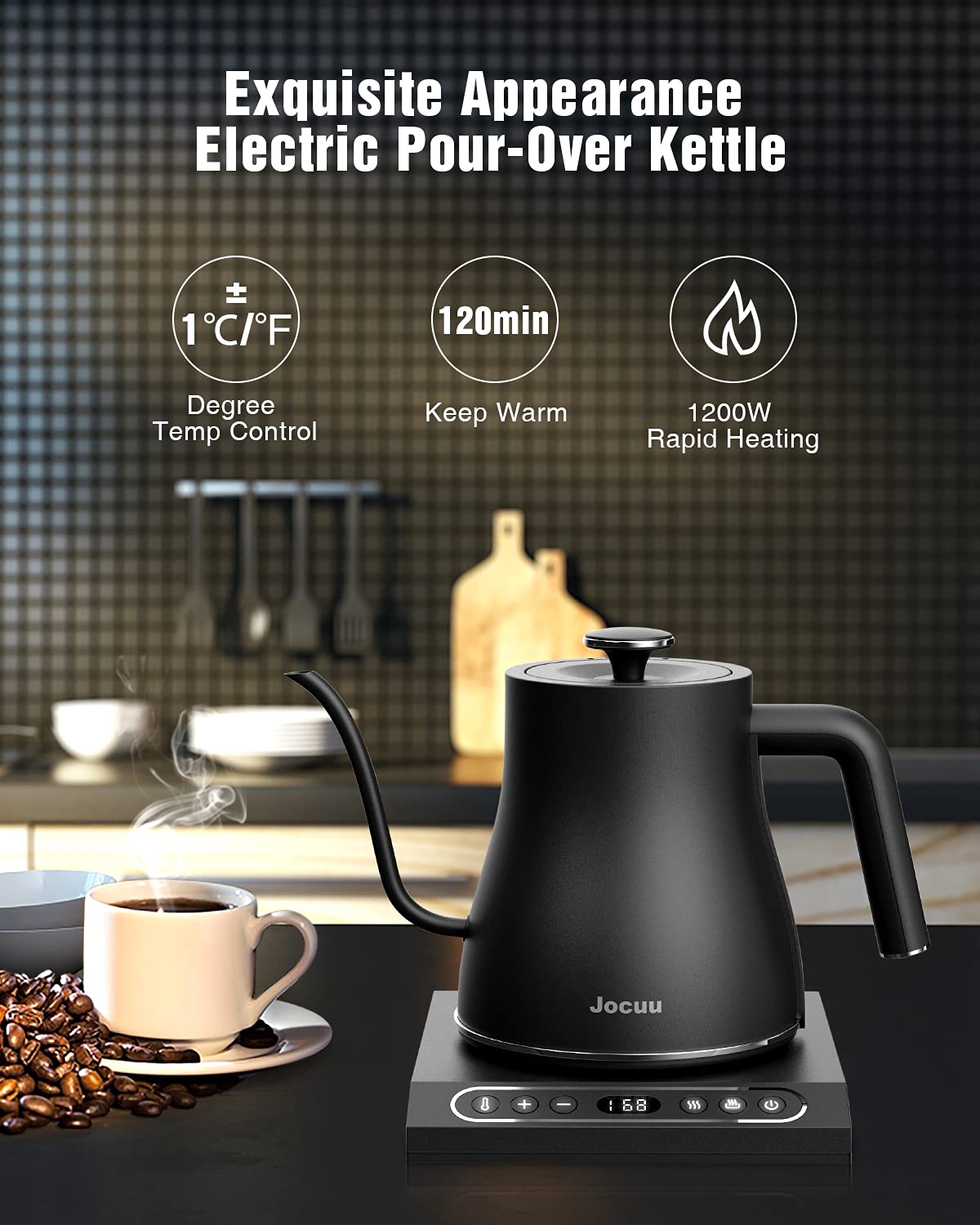 Jocuu Gooseneck Electric Pour Over Kettle With Temperature Control, Tea & Pour Over Coffee Kettle, Stainless Steel, Auto Shutoff