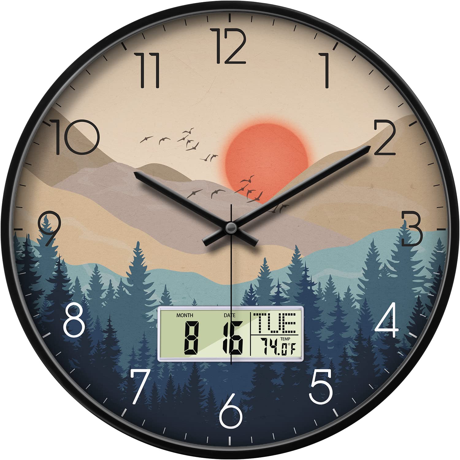 Silent Wall Clock With Date And Week Temperature Wilderness With Sunset Non-Ticking Battery Operated Large Digital Modern Clocks