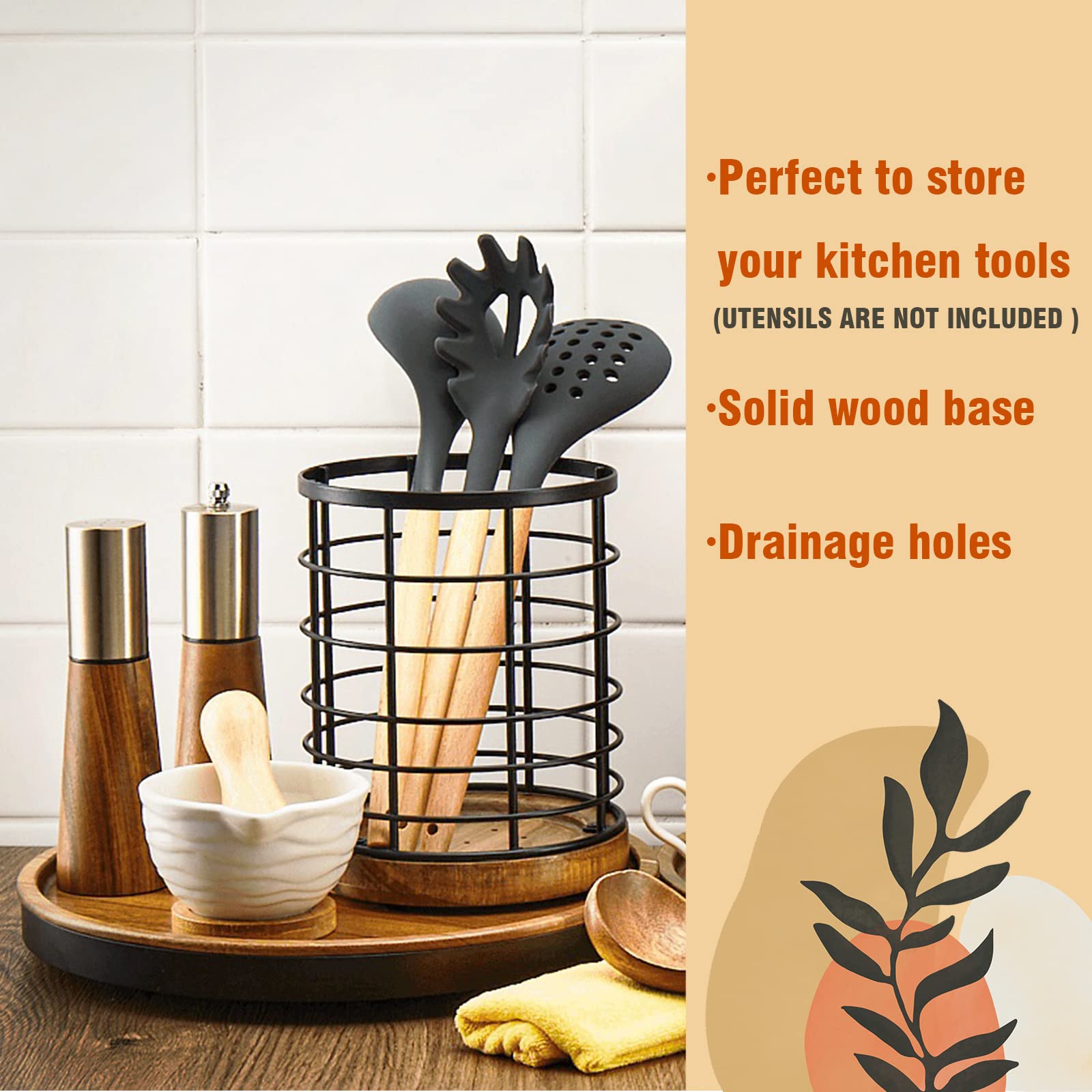 Wildmos Utensil Holder For Kitchen Counter,Black Wire With Wooden Base Countertop Utensil Holder, Large Wooden Cooking Utensil H