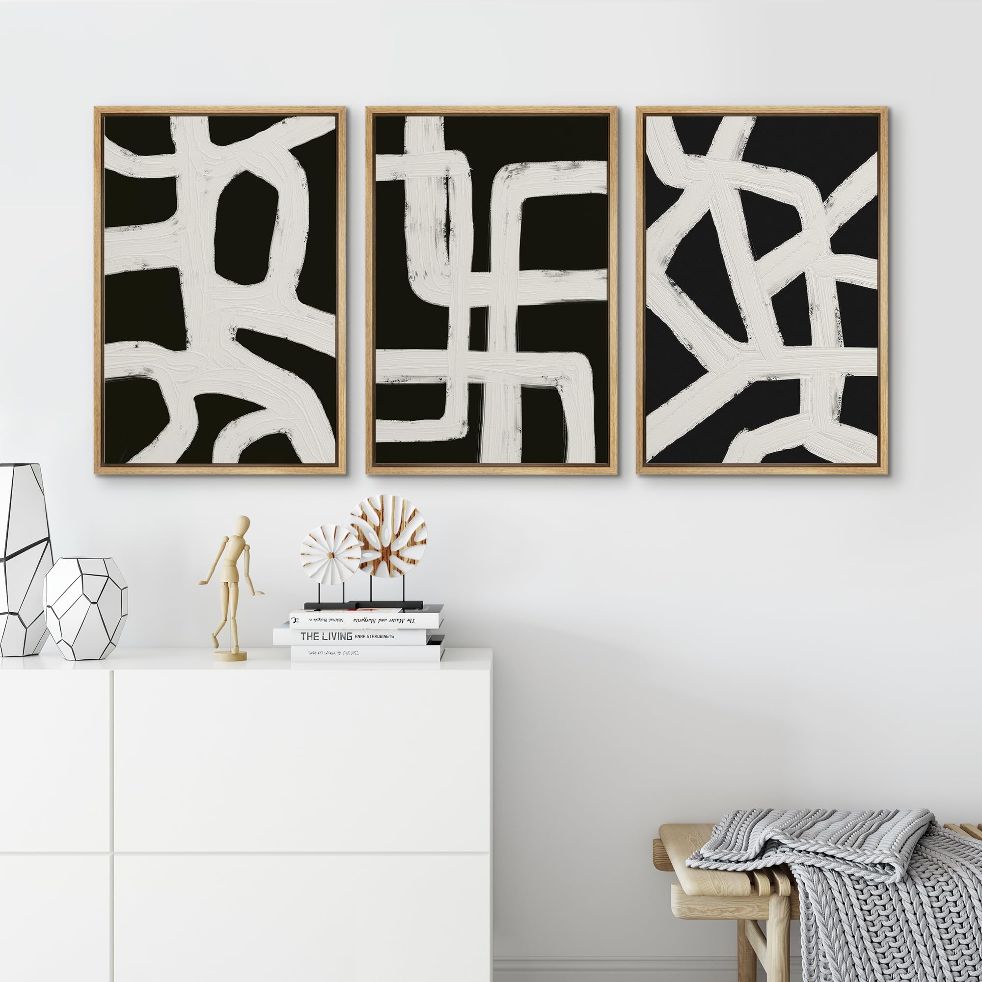 Signford Framed Canvas Print Wall Art Set Minimalist White Brushstrokes On Black Background Illustrations Modern Art Relax/Calm