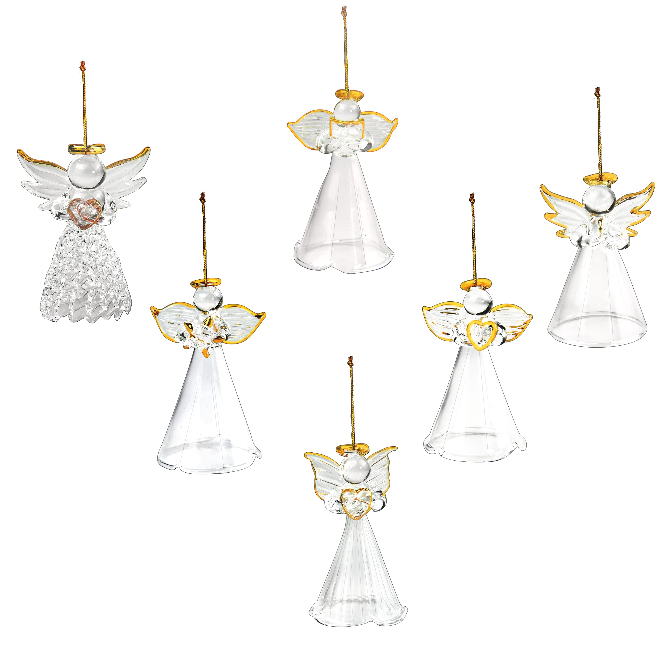 4E s Novelty Glass Angel Ornaments for Christmas Tree (Set of 12) - 2.5 Mini in 6 Unique Design, Crystal Spun Glass Angel Orname