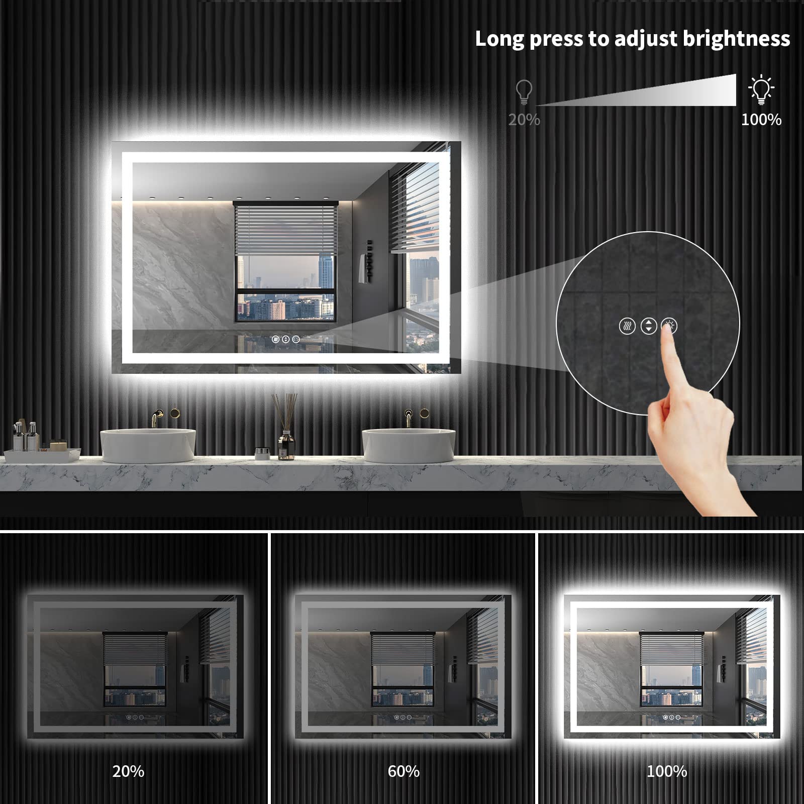 LOAAO 48X32 LED Bathroom Mirror with Lights  Anti-Fog  Dimmable  Backlit + Front Lit  Lighted Bathroom Vanity Mirror for Wall  Memory Function  Tempered Glass (Safe to Use)