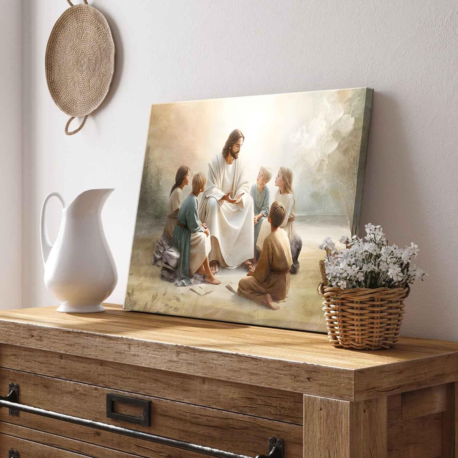 Framed Jesus With Children Canvas Wall Art Jesus Teaching Children Watercolor Prints Religious Faith Wall Decor Pictures for Kid