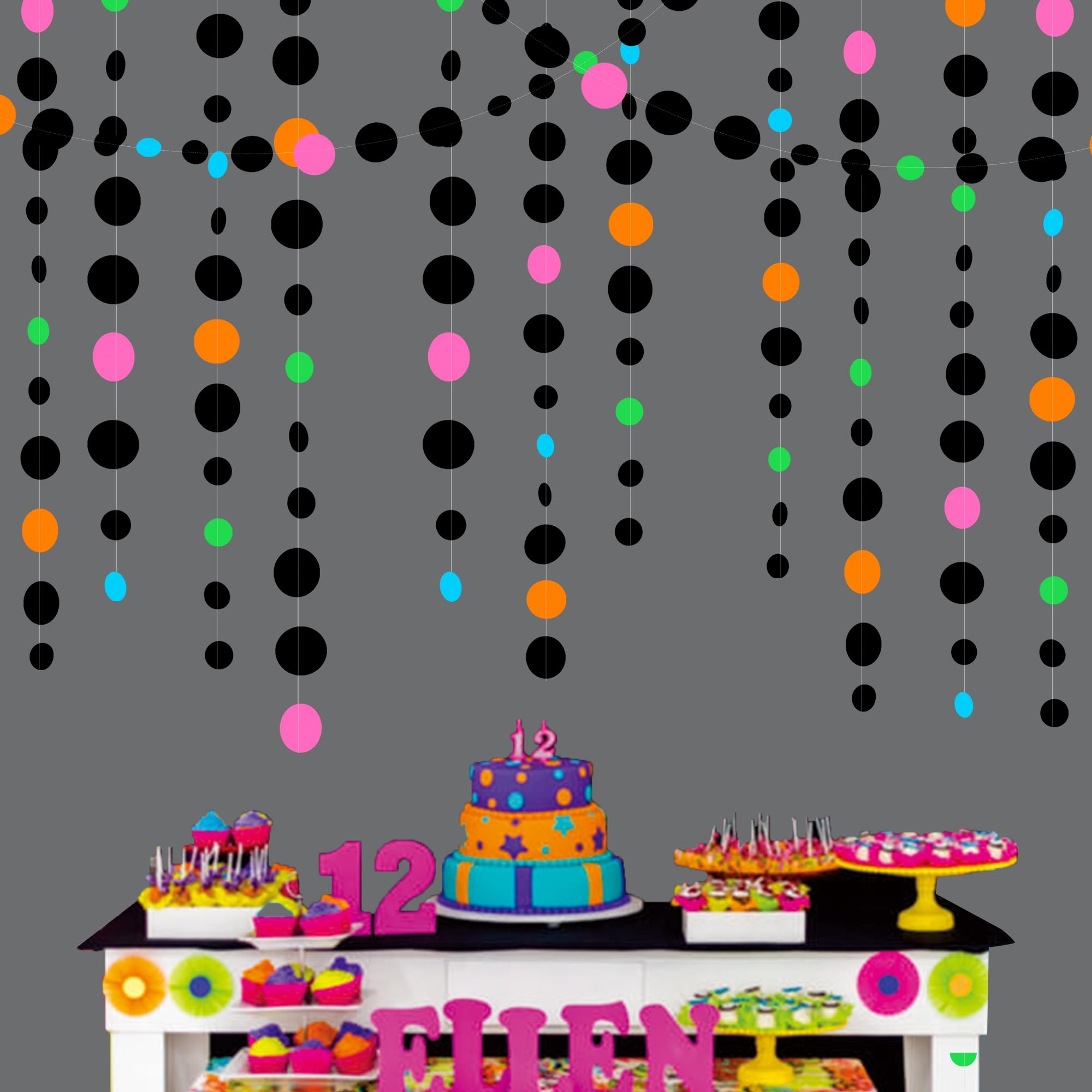 Black And Colorful Circle Dots Hanging Paper Streamer Black Multi-Color Polka Dot Banner For Birthday Bachelorette Wedding Baby