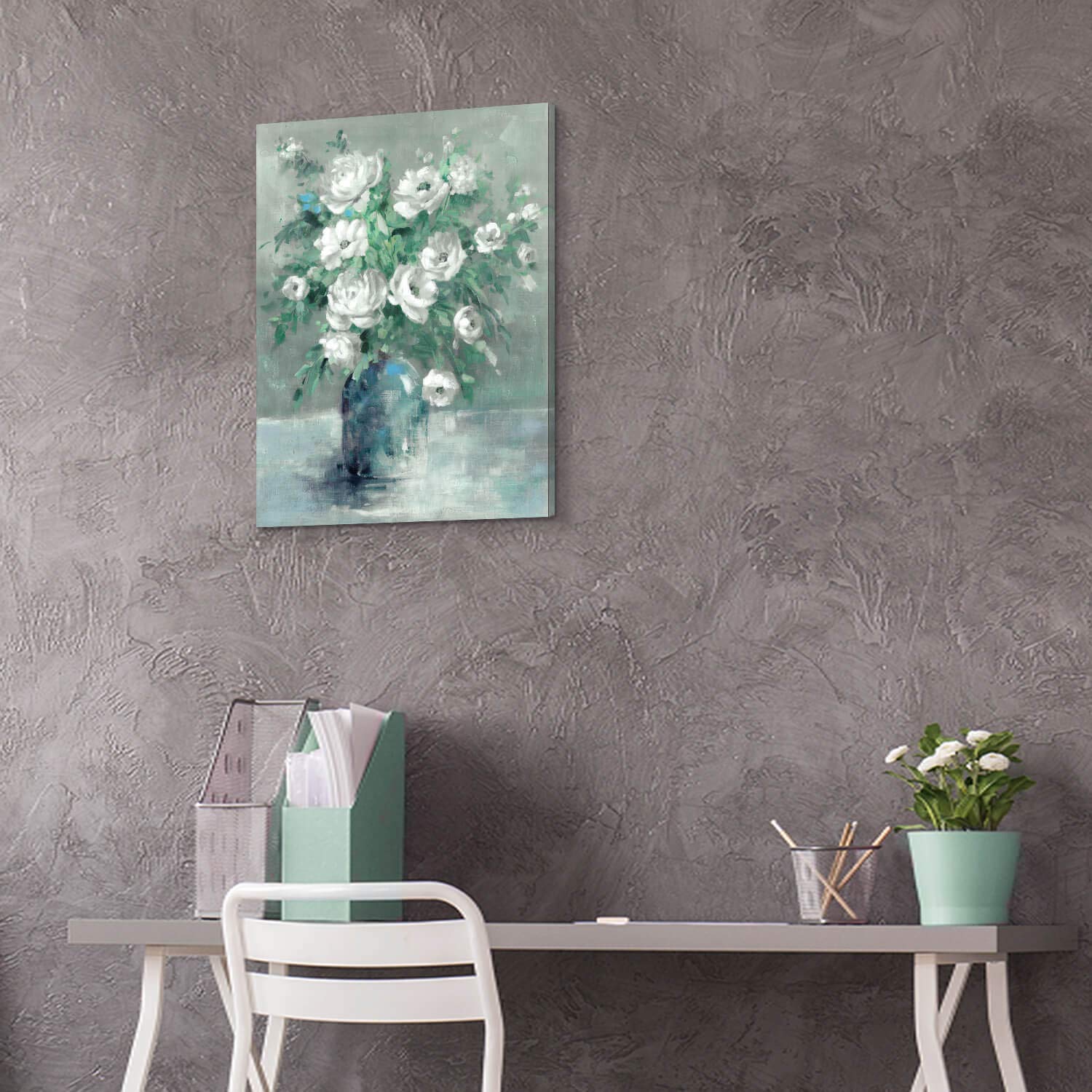 Utop-Art Floral Canvas Wall Art Painting White Rose Flower Green Leaves Hand Painted Texture Picture Artwork For Bedroom Plant W