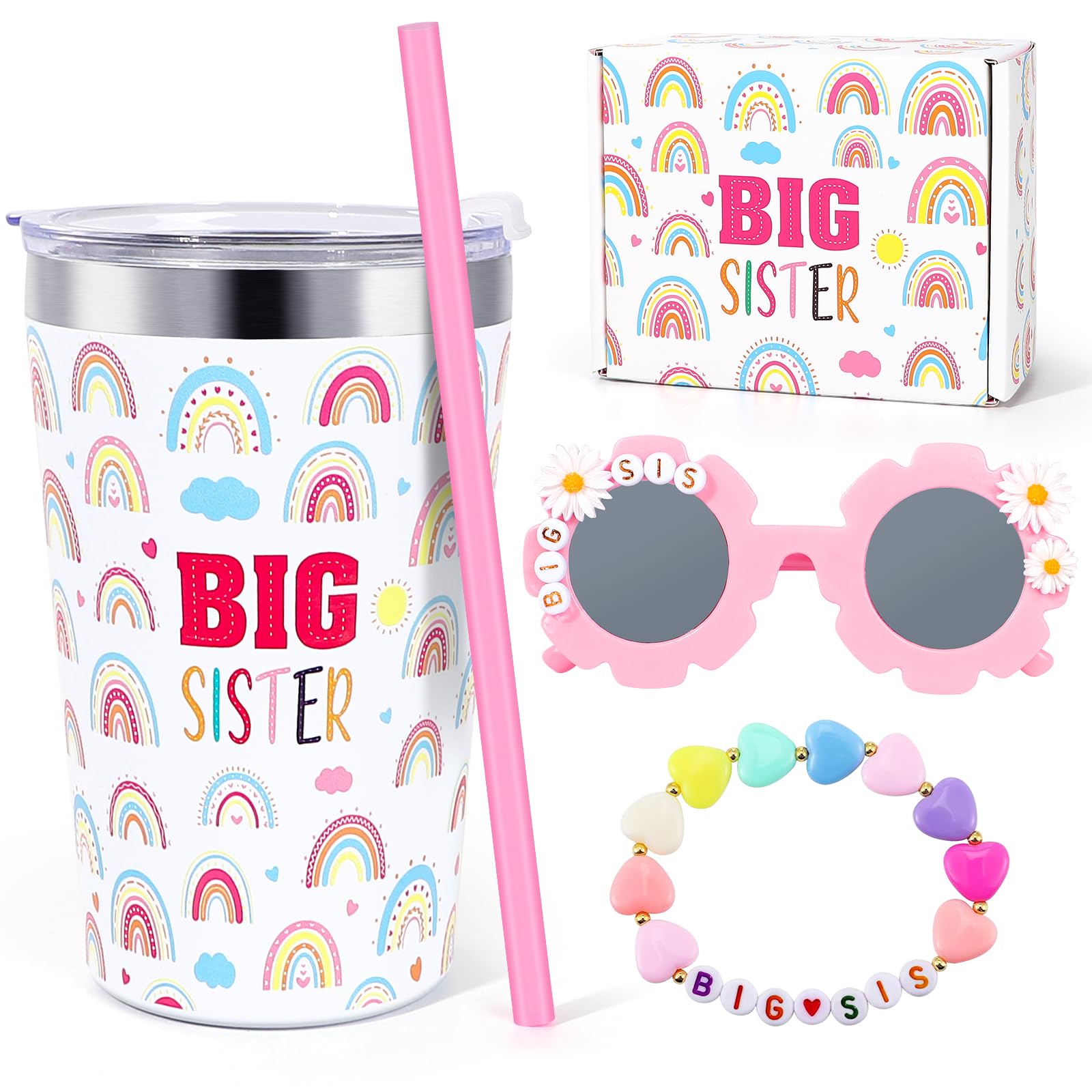 iAOVUEBY Big Sister Gifts for Girls, 3PCS Big Sister Gift Includes 12 oz Pink Tumbler Cup Sunglasses Bracelet Sibling Gift From 