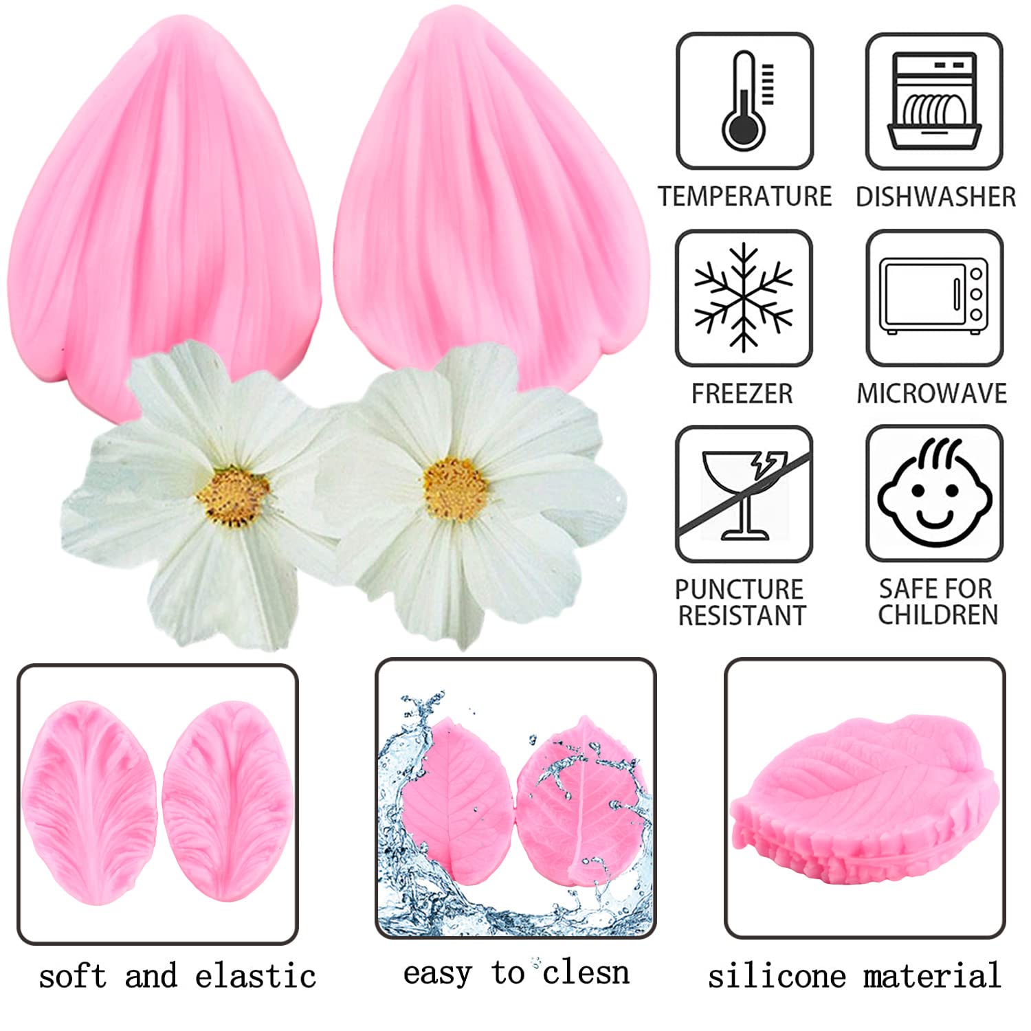 Zixiang Gumpaste Flower Silicone Veining Mold Rose Veined Fondant Mold Gum Paste Peony Flower Mold Plumeria Daisy Orchid Molds F