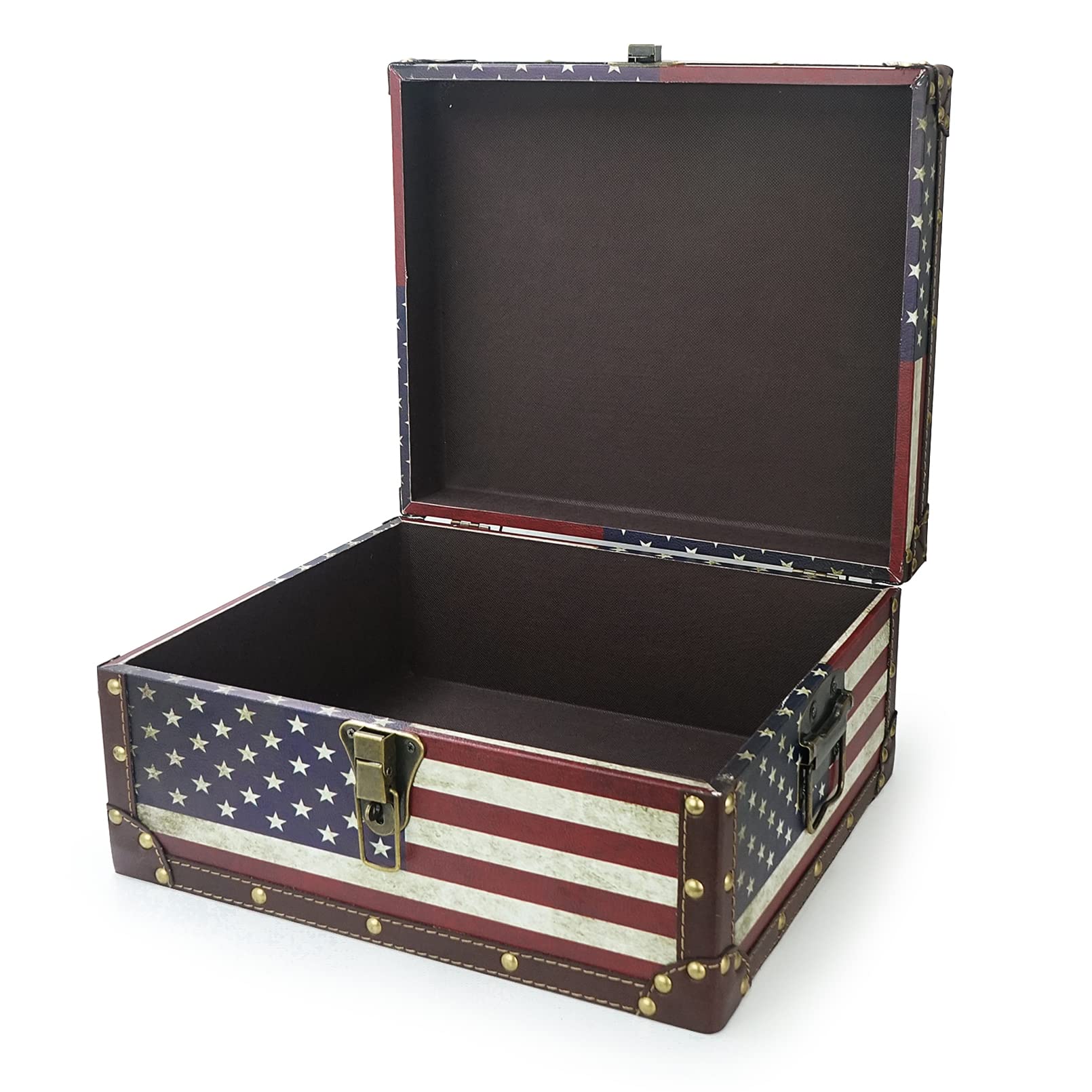 DreamsEden Large Wooden Decorative Storage Trunk - Vintage American Flag Memory Treasure Chest Box, 13.8 x 11.8 x 6.7